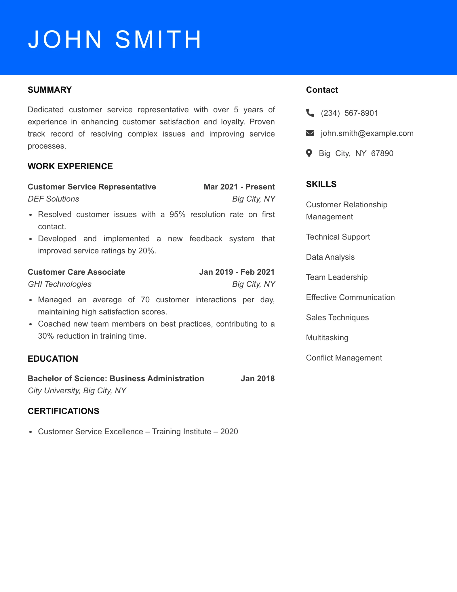 Mid Level Customer Service Rep Resume Sample