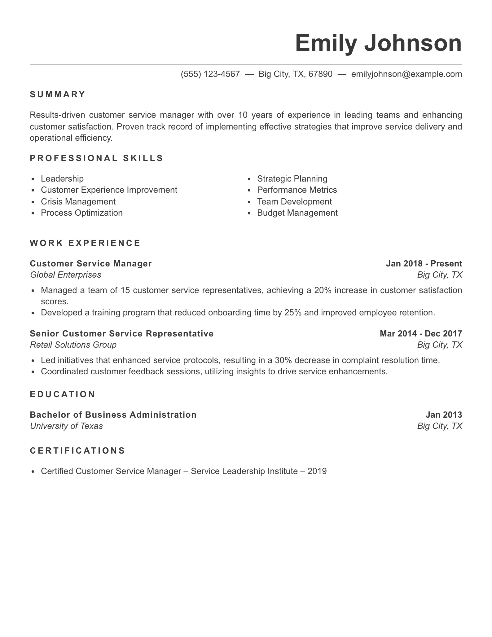 Senior Level Customer Service Rep Resume Example