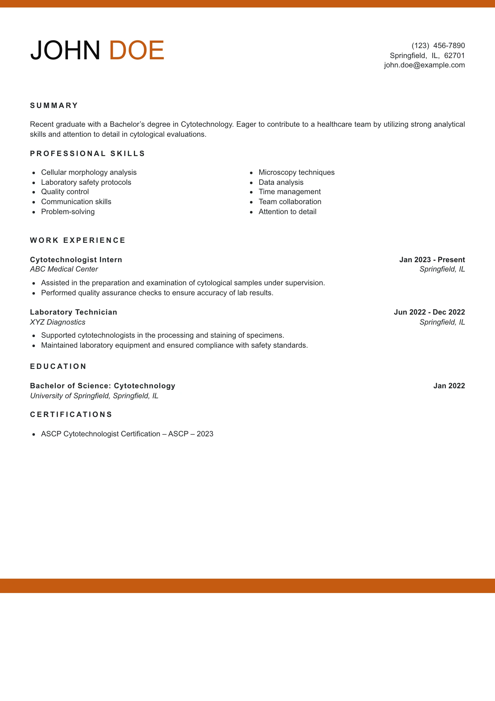 Entry Level Cytotechnologist Resume Example