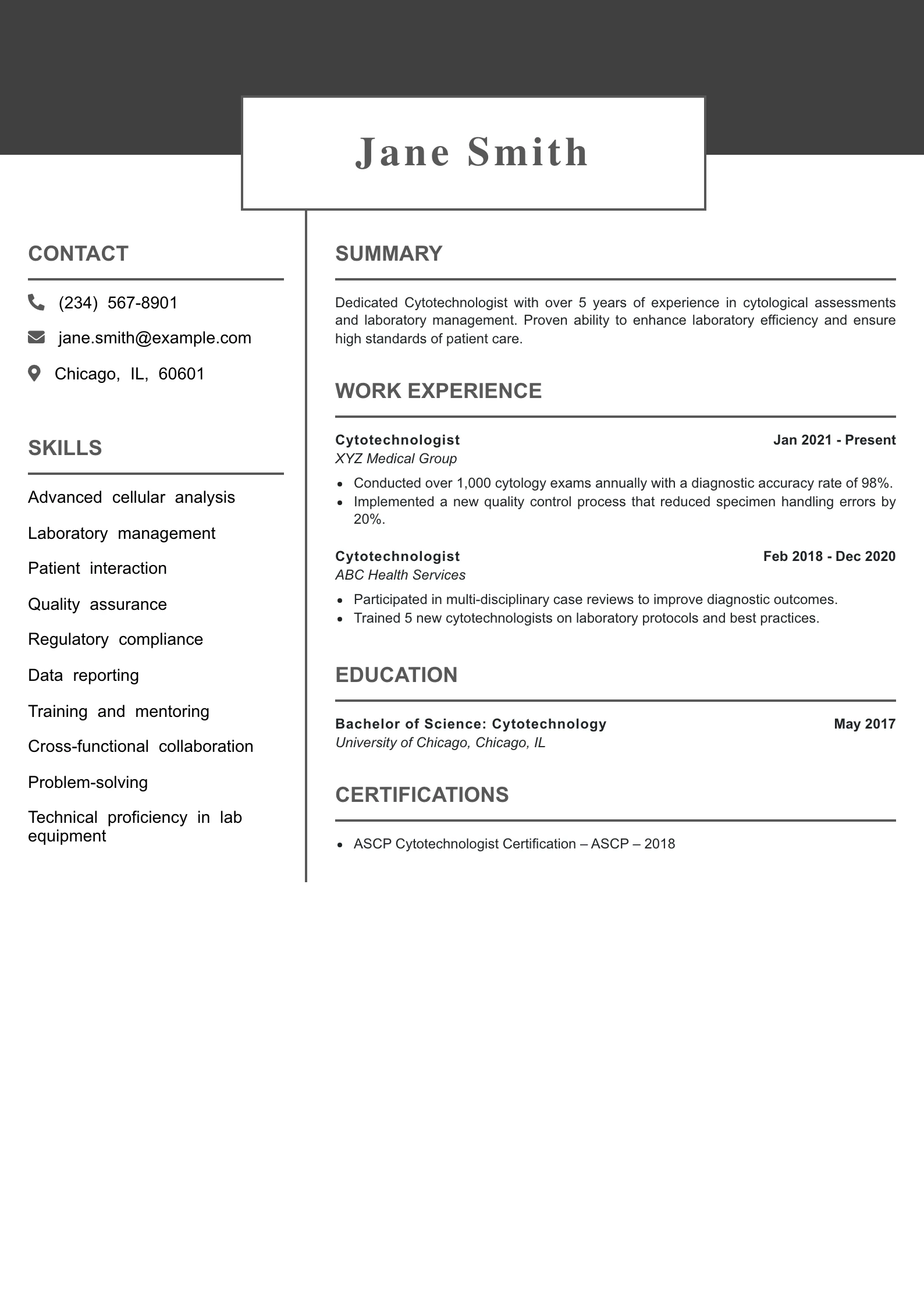 Mid Level Cytotechnologist Resume Example