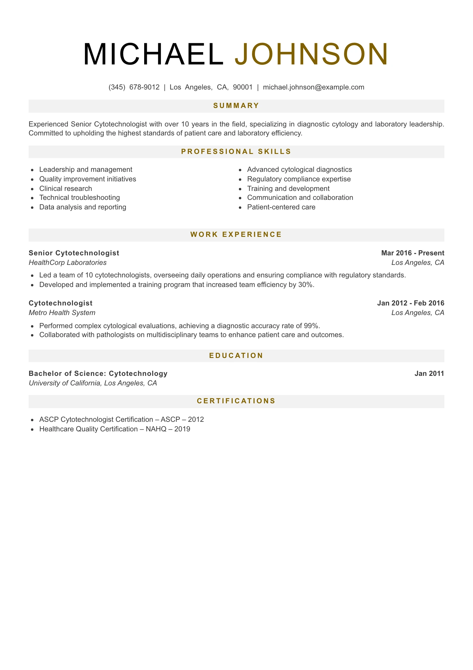 Senior Level Cytotechnologist Resume Example