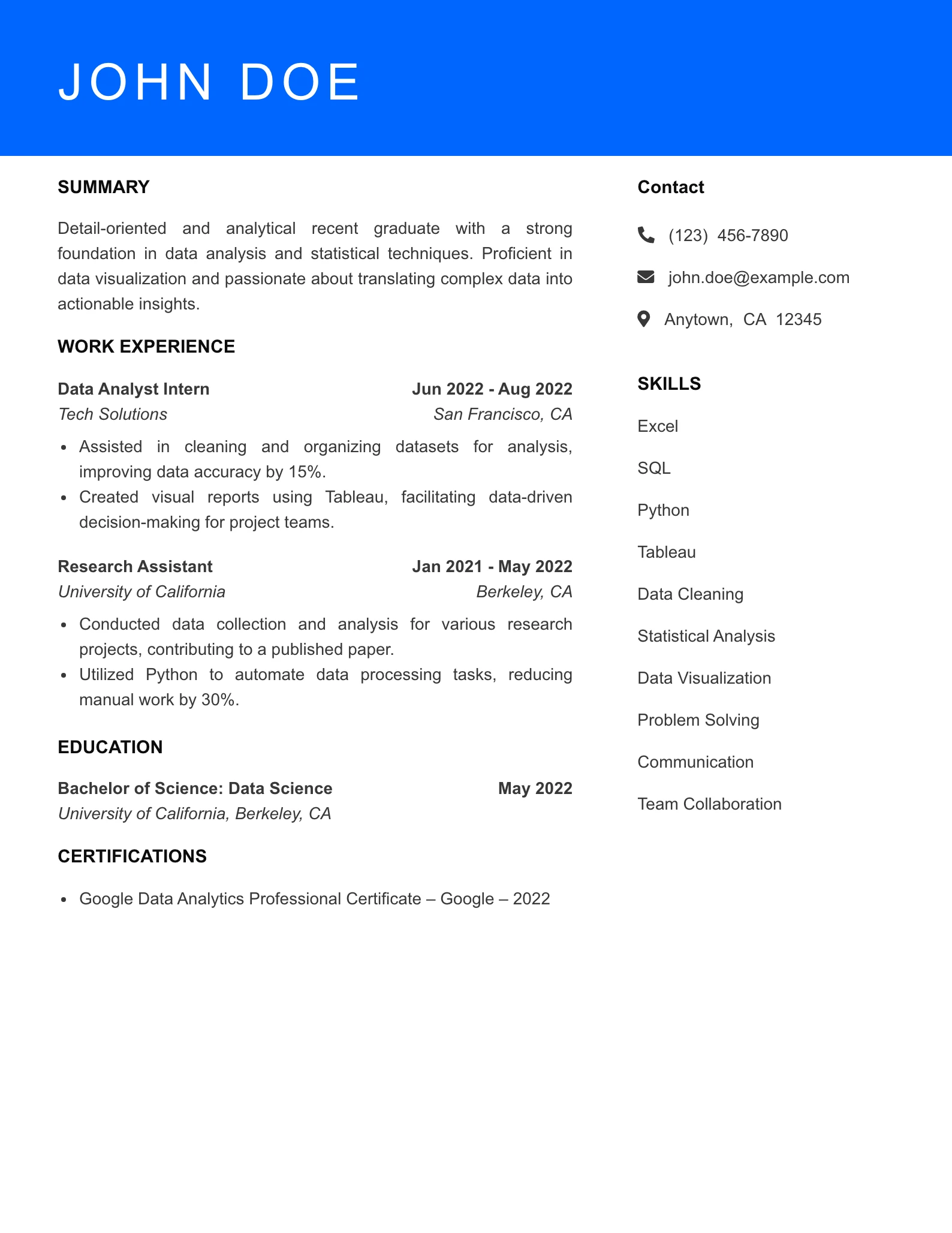 Selected Data Analyst Resume