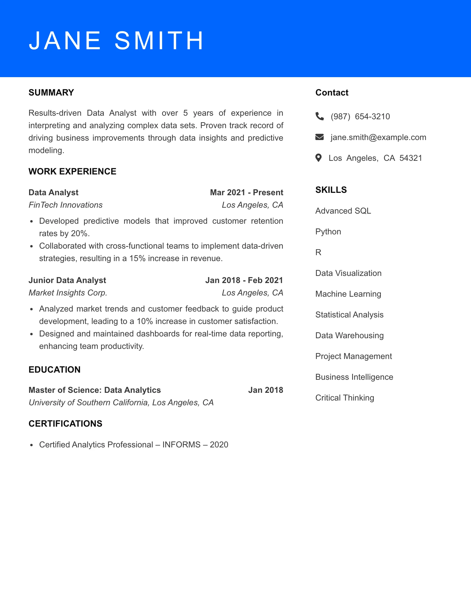Mid Level Data Analyst Resume Sample