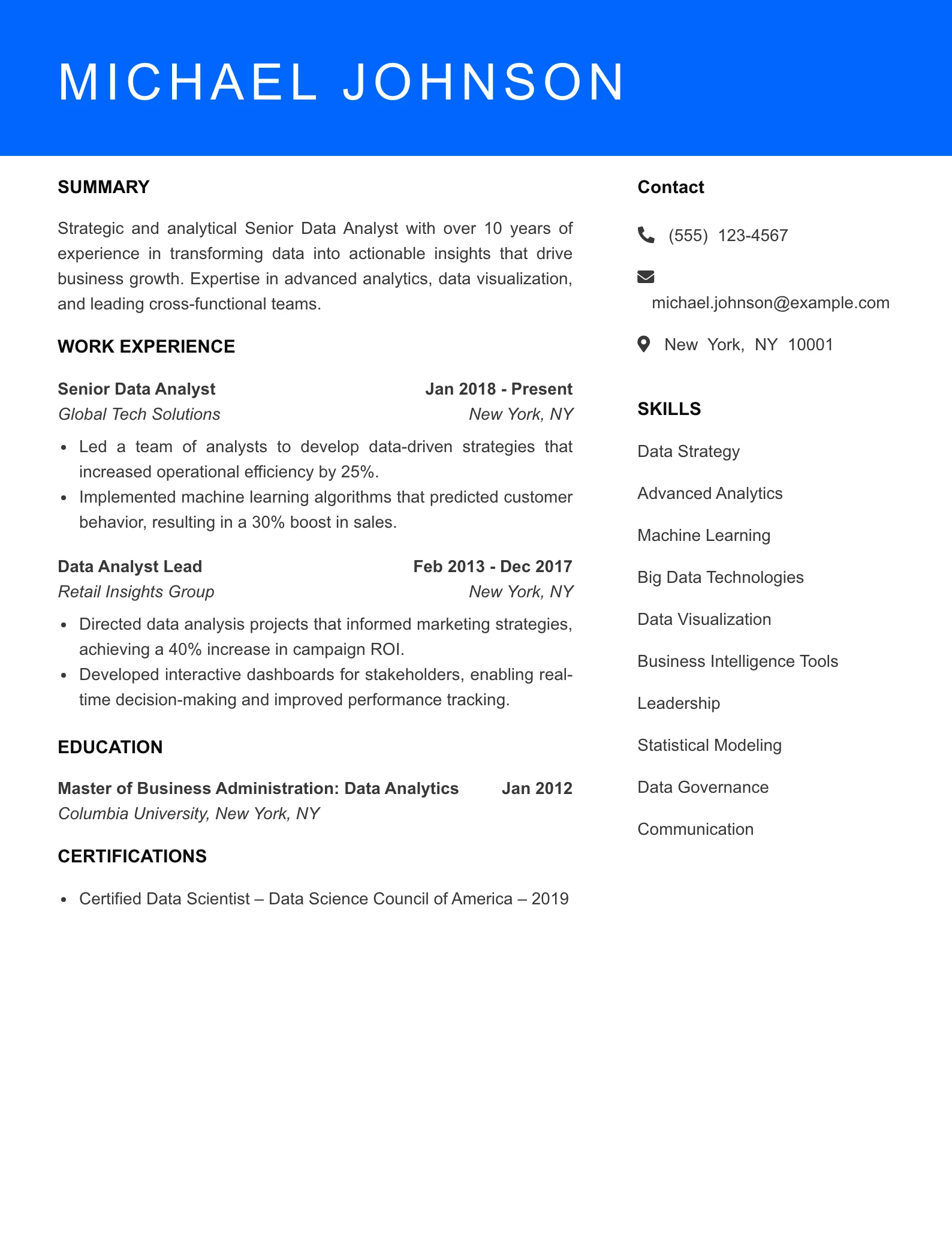Senior Level Data Analyst Resume Sample