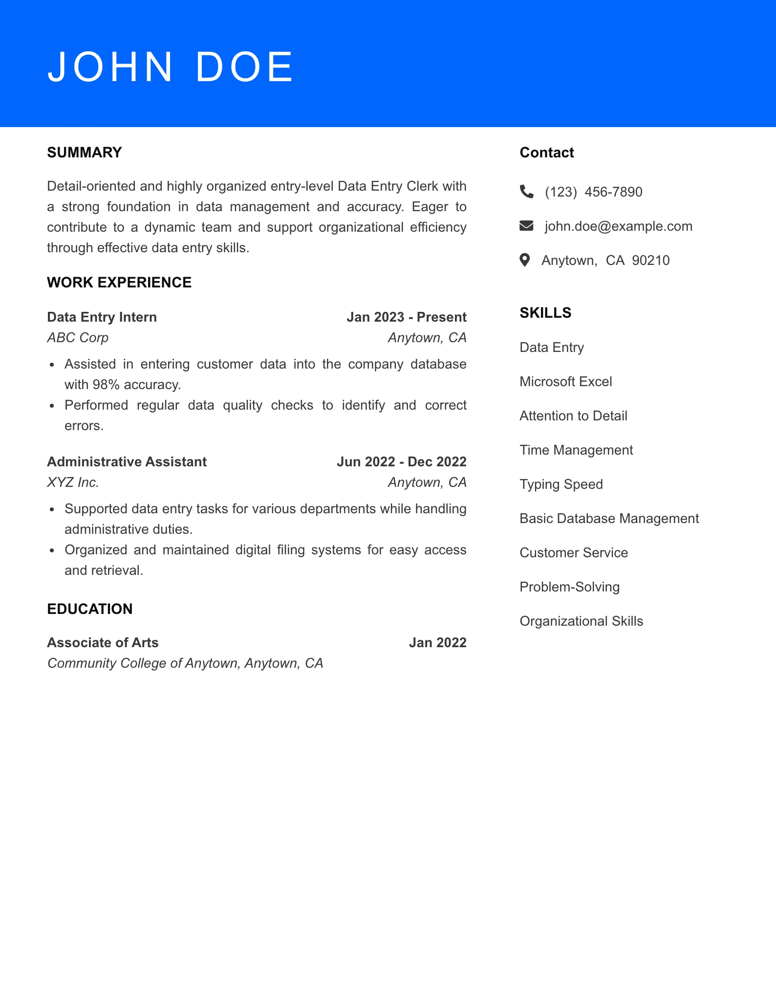 Selected Data Entry Clerk Resume