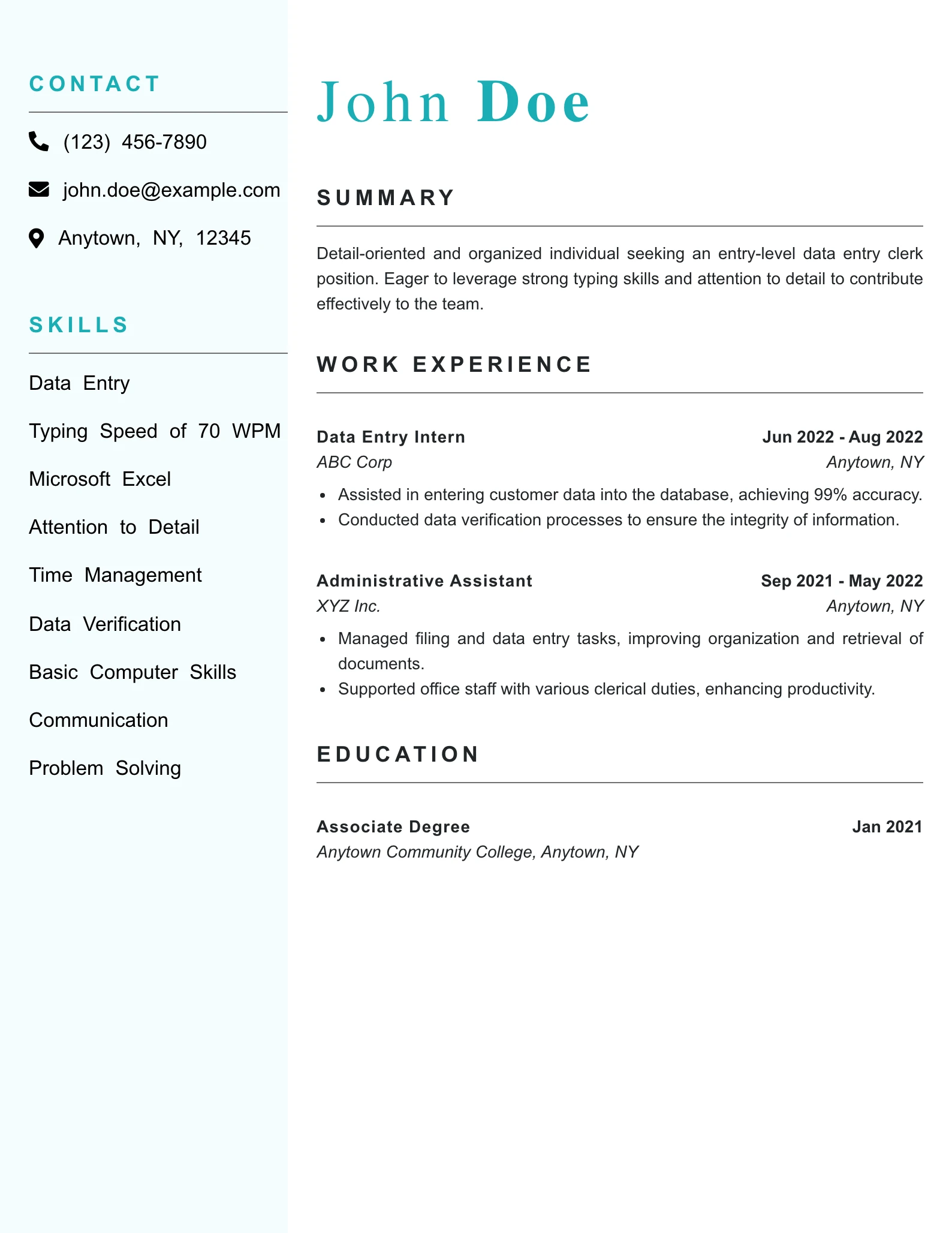 Entry Level Data Entry Clerk Resume Example