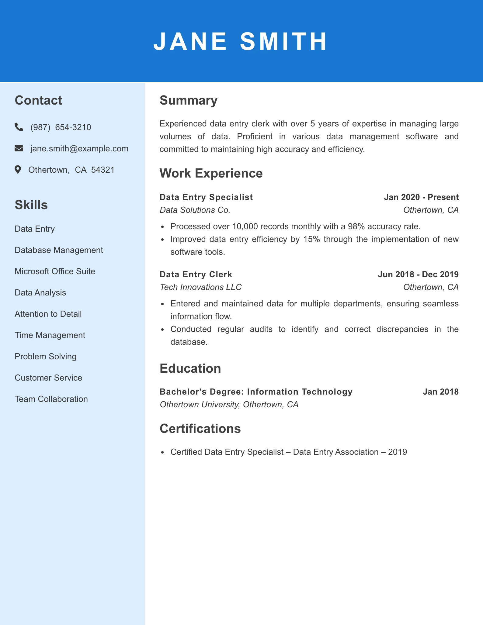 Mid Level Data Entry Clerk Resume Example