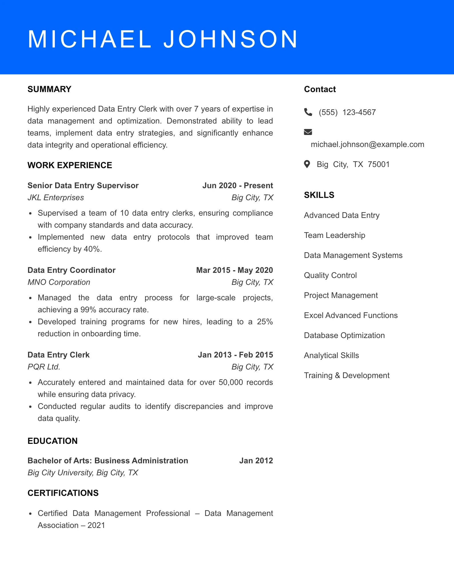 Senior Level Data Entry Clerk Resume Sample