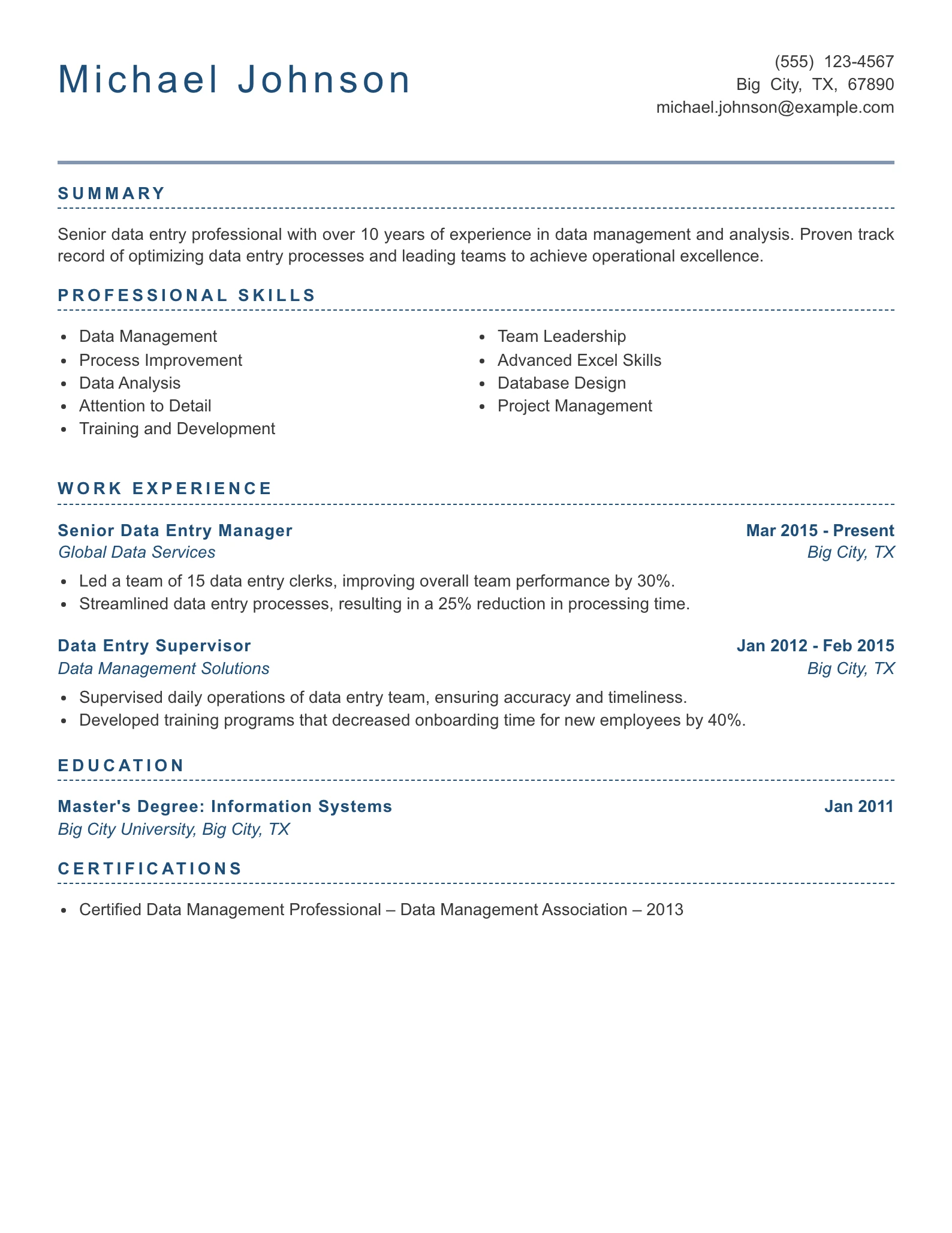 Senior Level Data Entry Clerk Resume Example