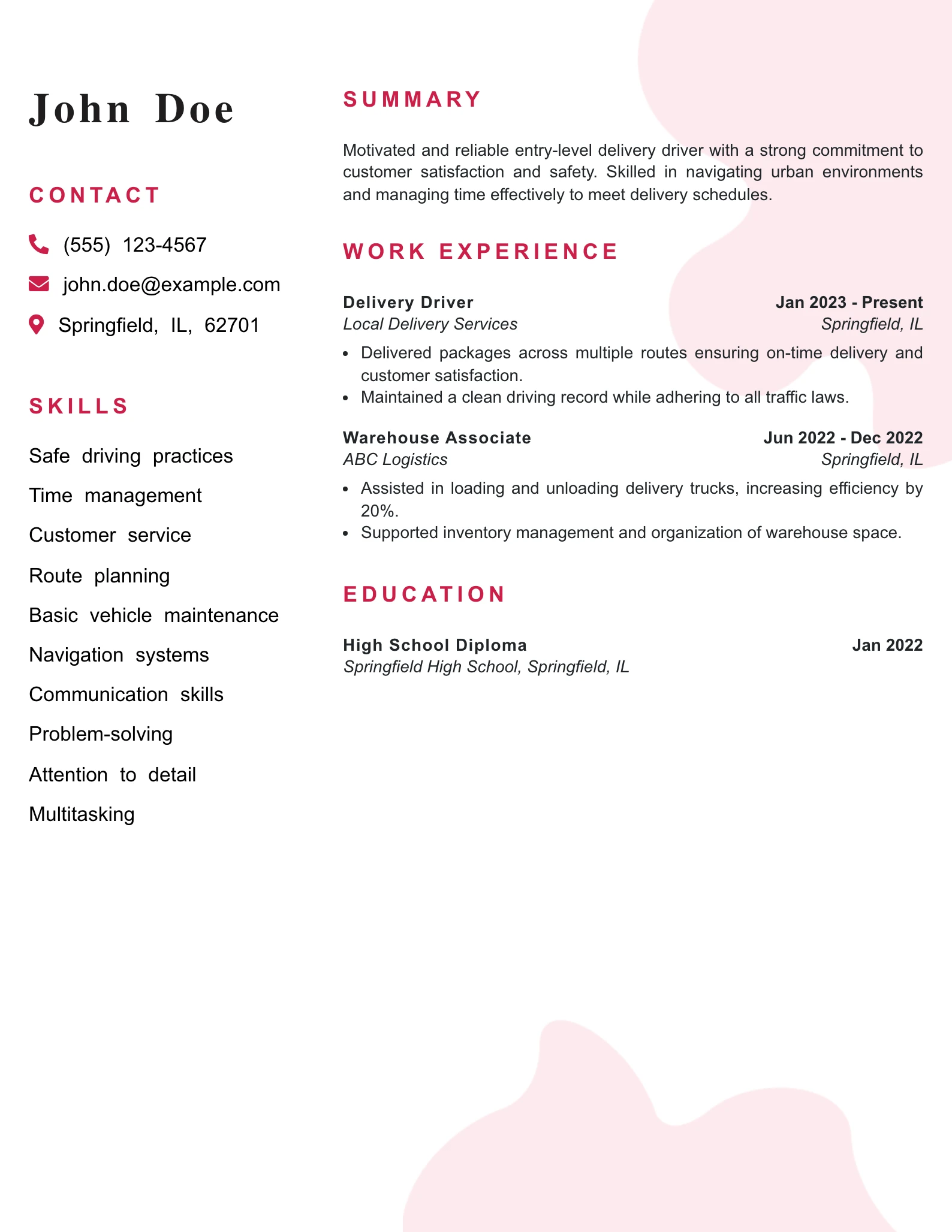 Entry Level Delivery Driver Resume Example