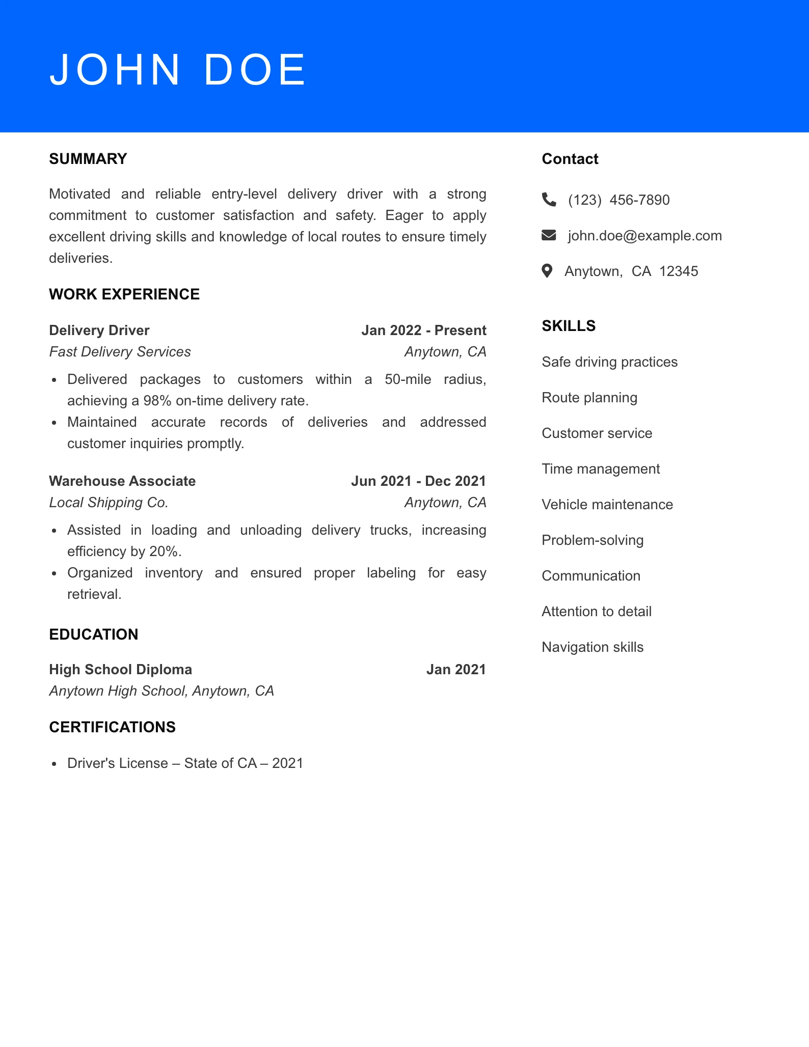 Selected Delivery Driver Resume