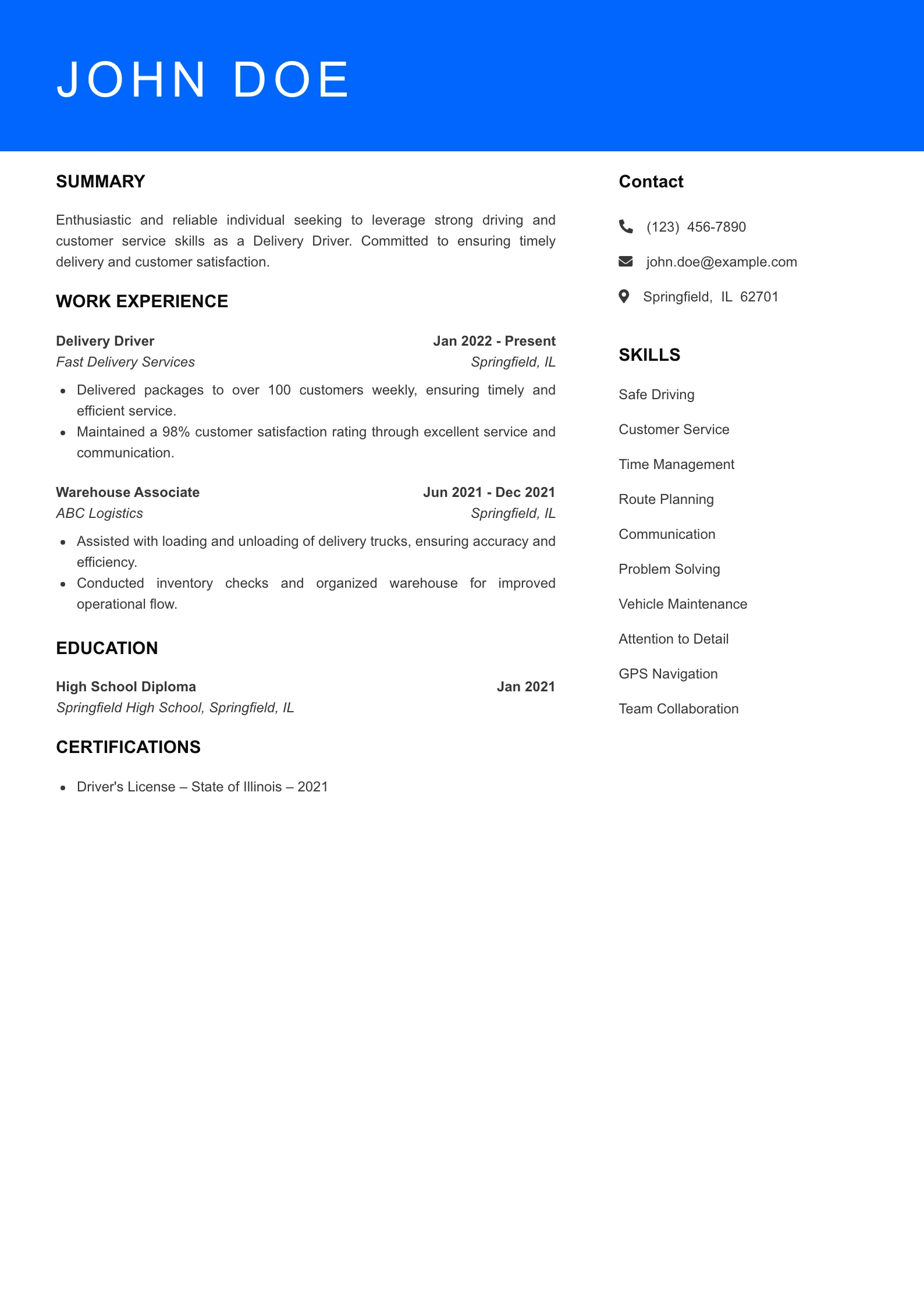 Selected Delivery Driver Resume
