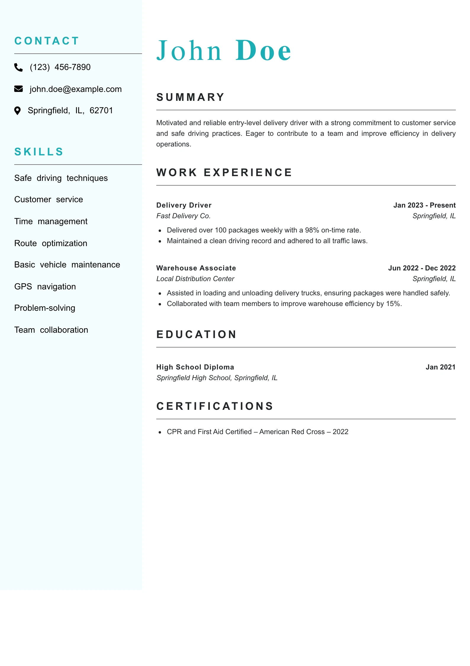 Entry Level Delivery Driver Resume Example