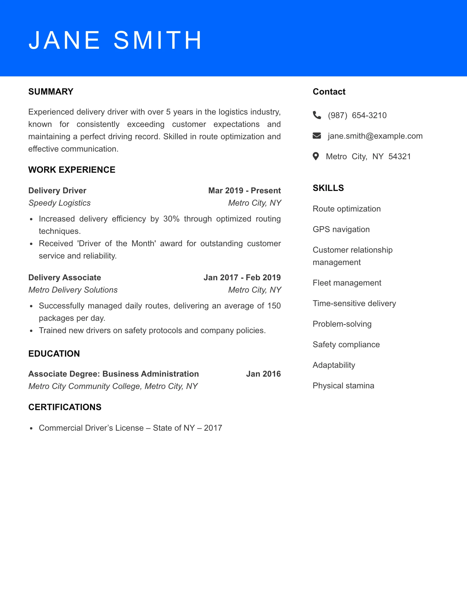 Mid Level Delivery Driver Resume Sample