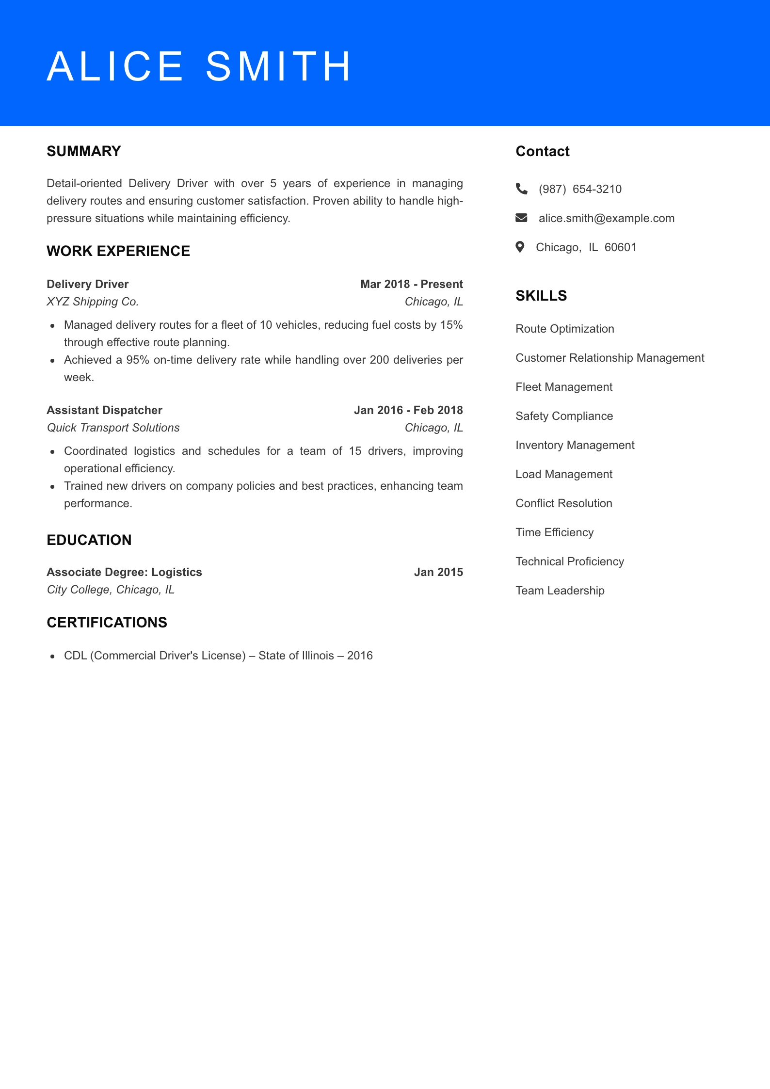 Mid Level Delivery Driver Resume Sample