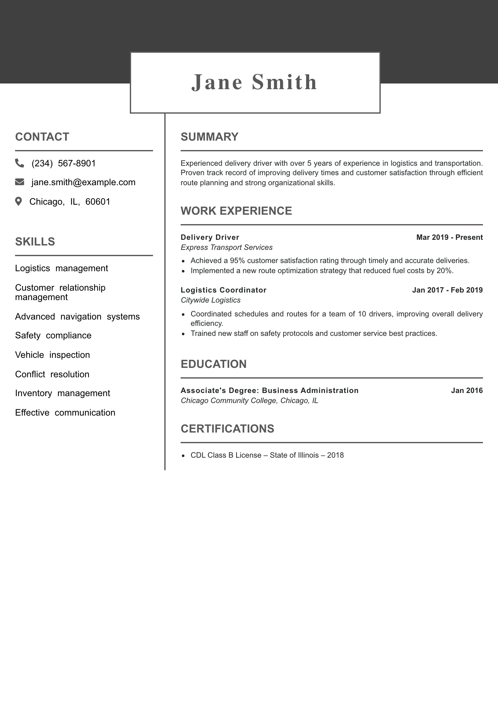 Mid Level Delivery Driver Resume Example
