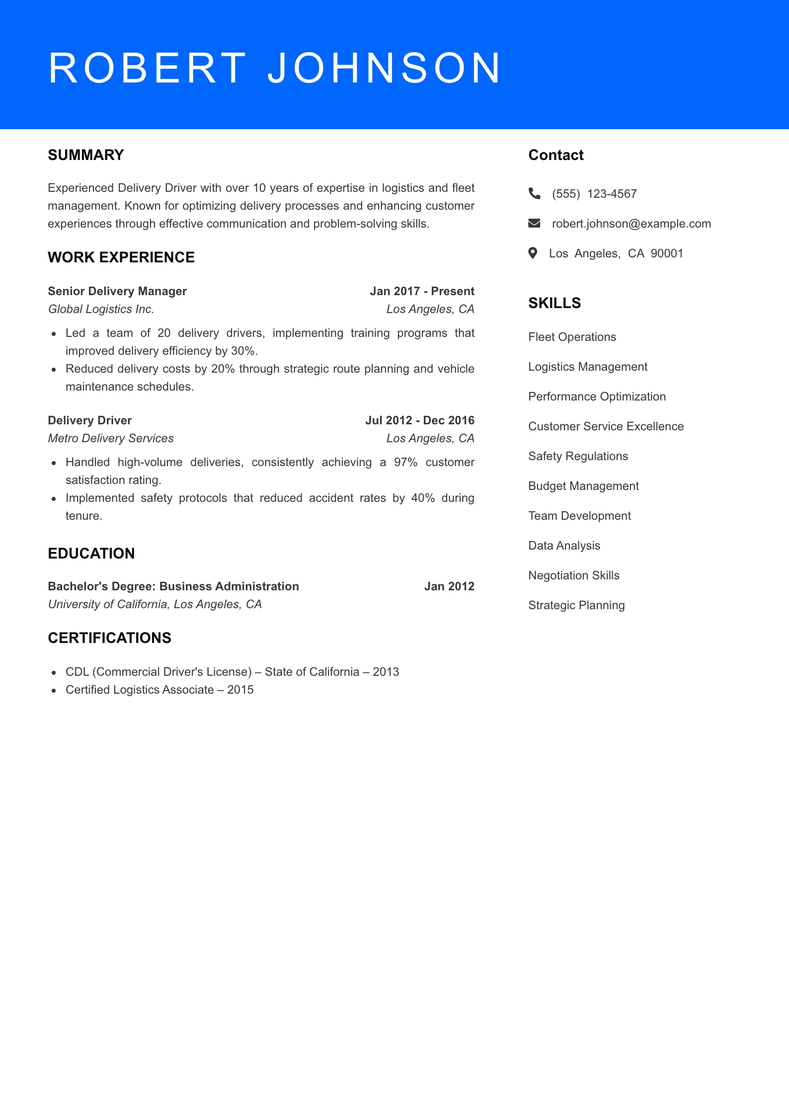 Senior Level Delivery Driver Resume Sample