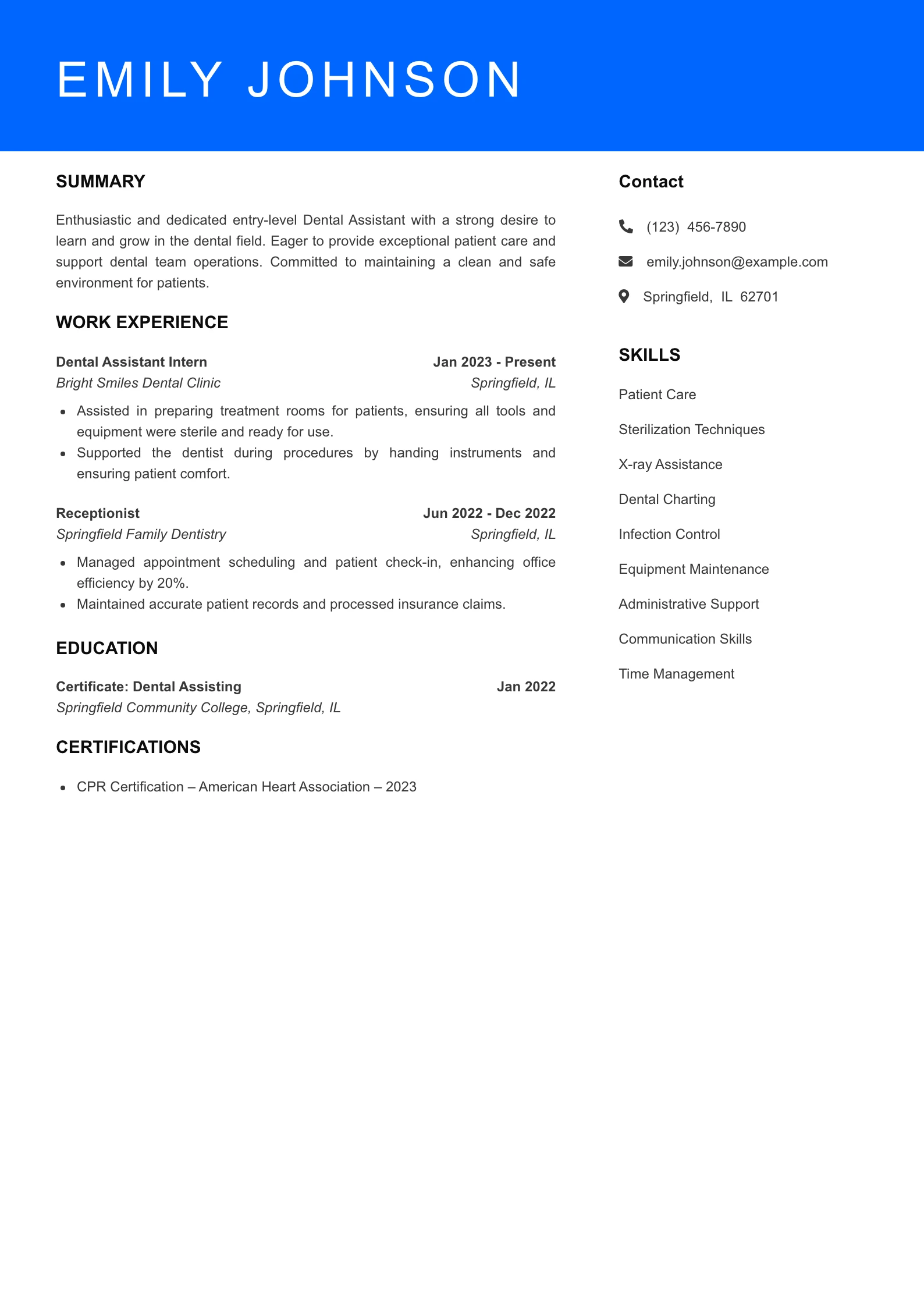 Selected Dental Assistant Resume