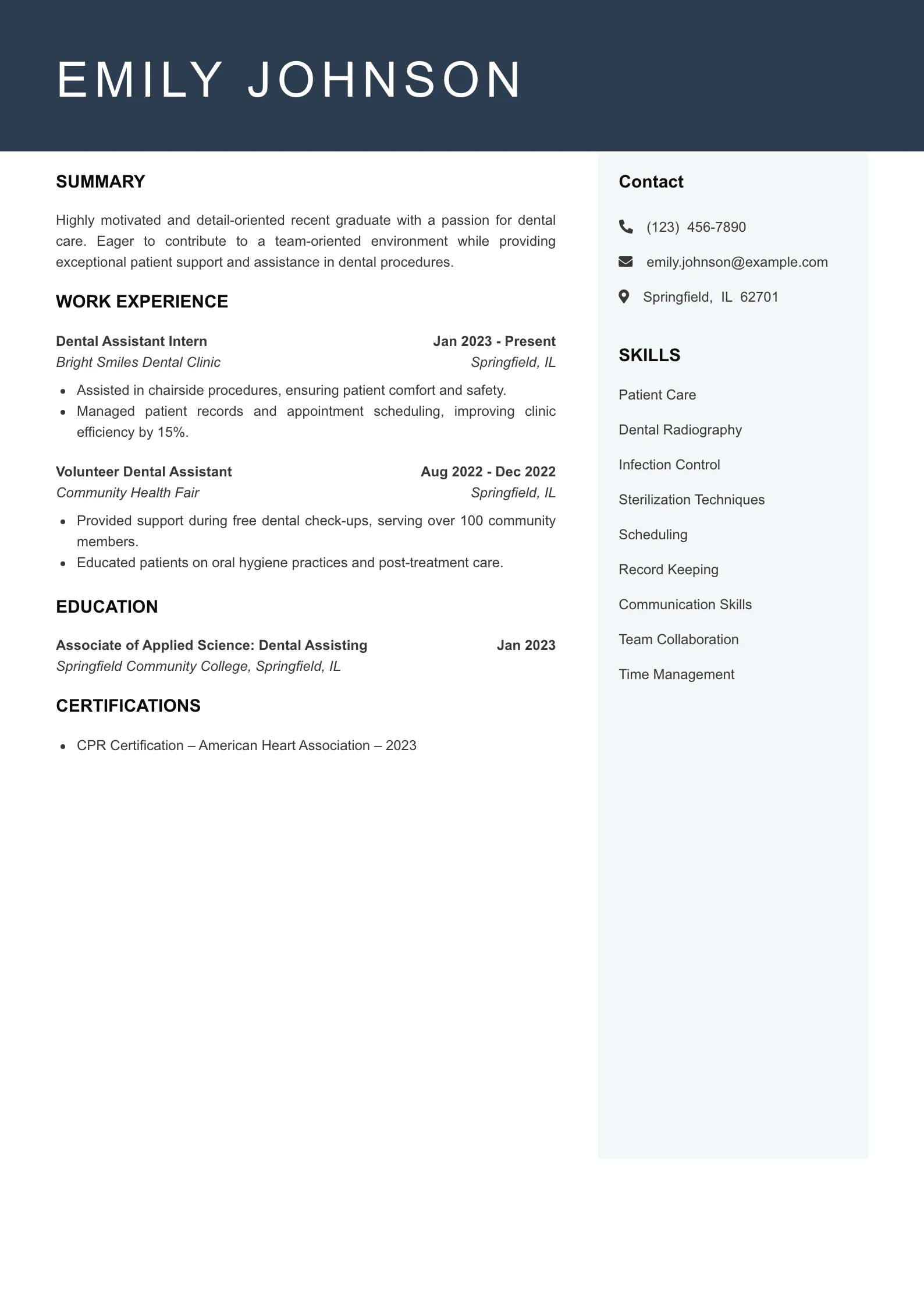 Entry Level Dental Assistant Resume Example