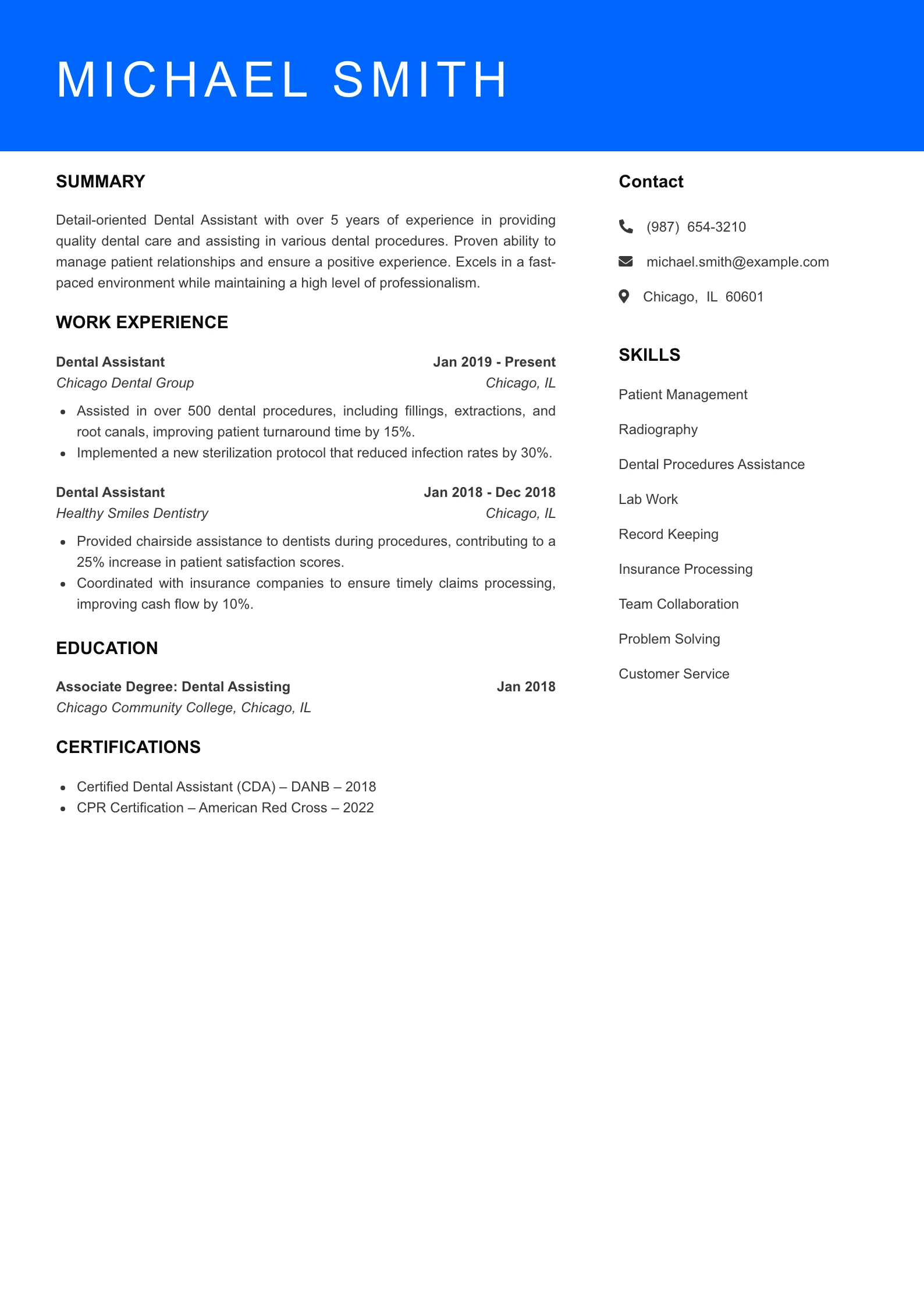 Mid Level Dental Assistant Resume Sample