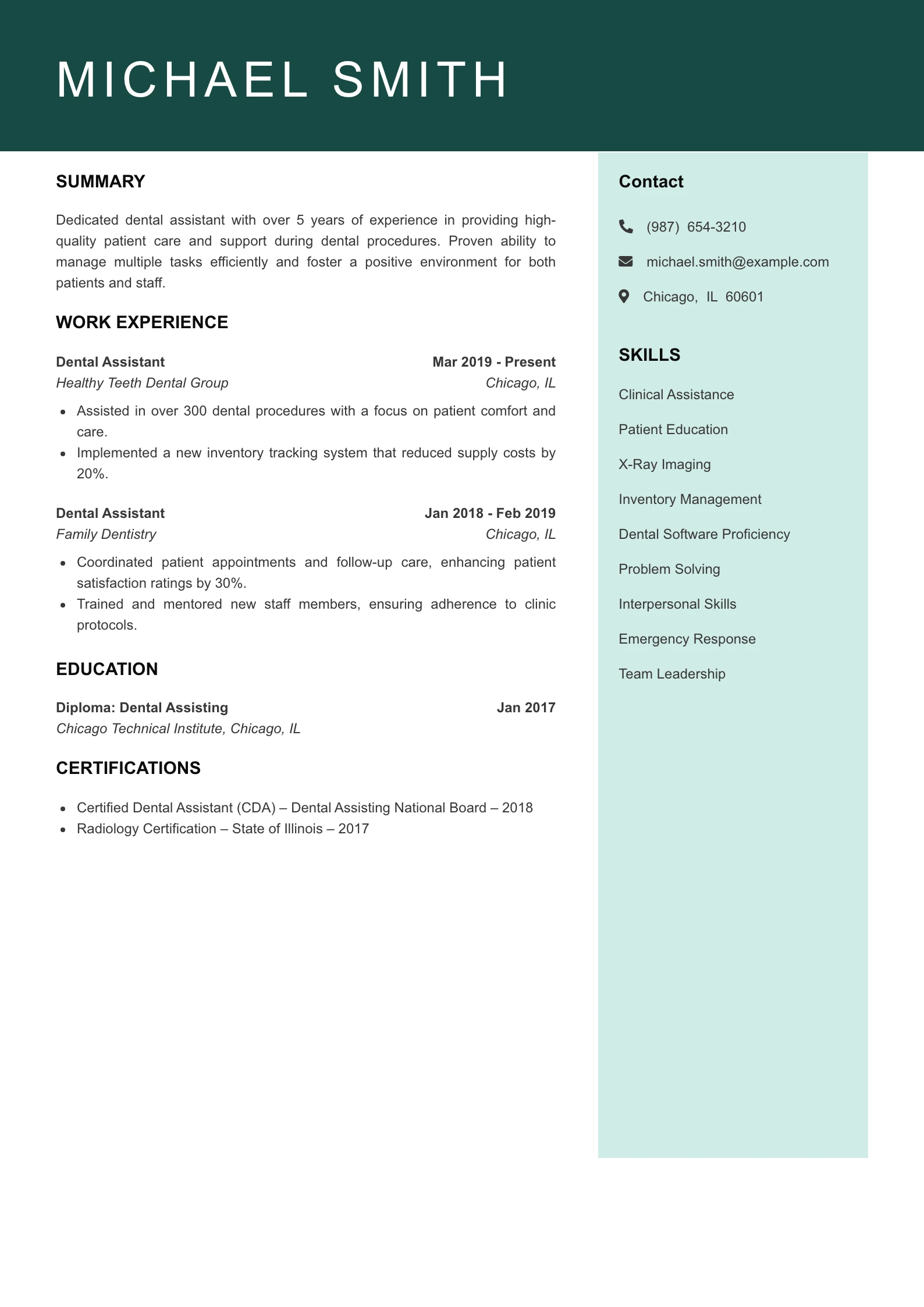 Mid Level Dental Assistant Resume Example