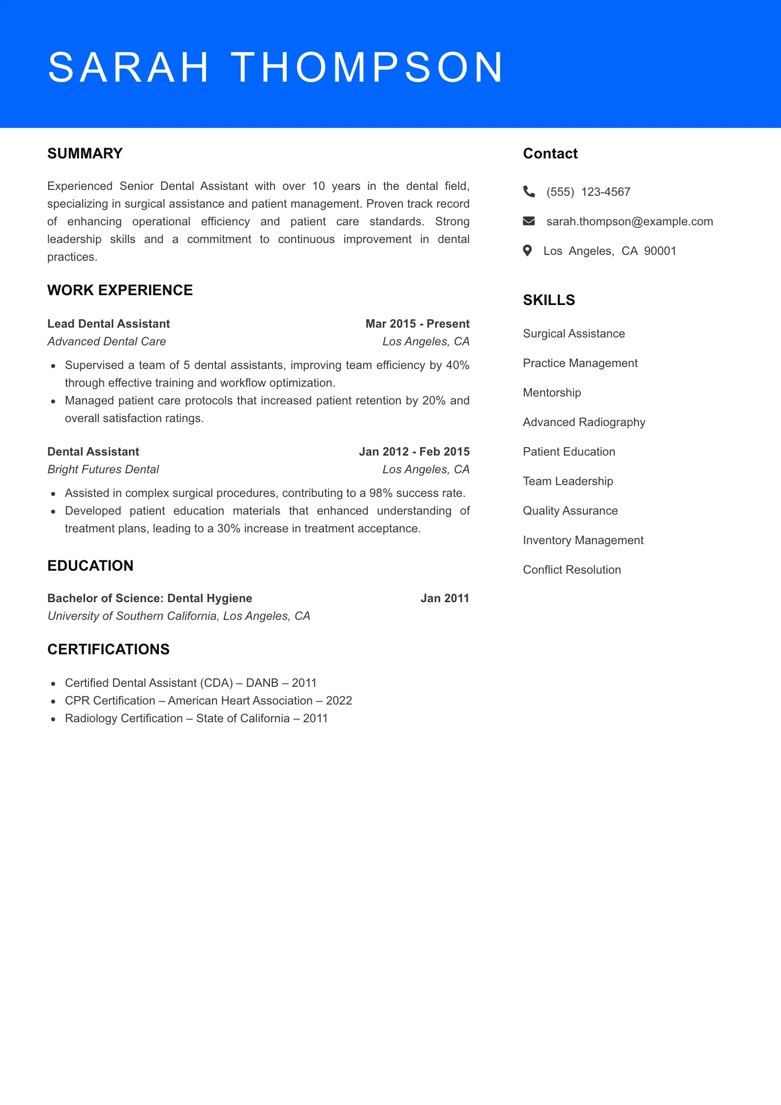 Senior Level Dental Assistant Resume Sample