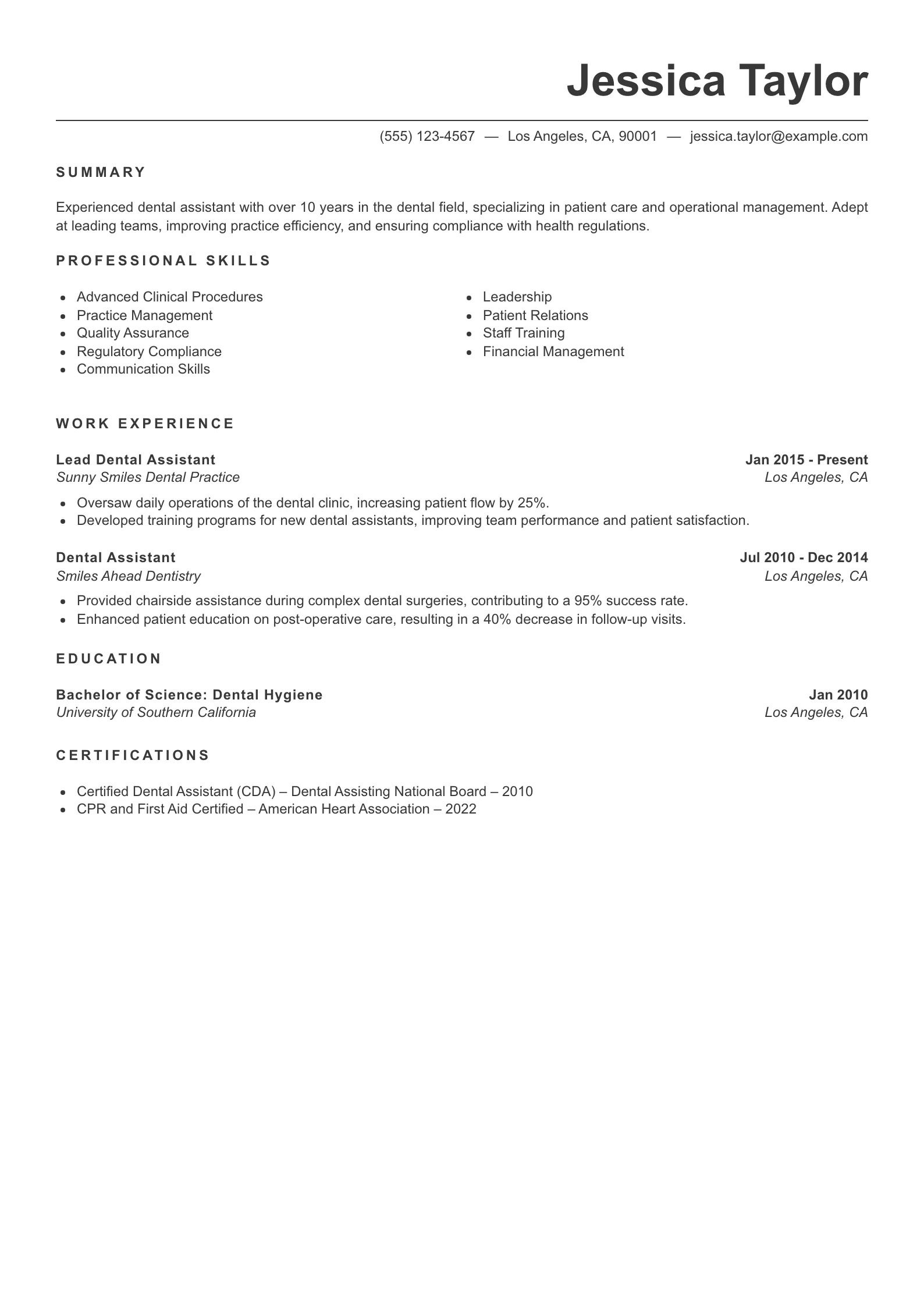 Senior Level Dental Assistant Resume Example