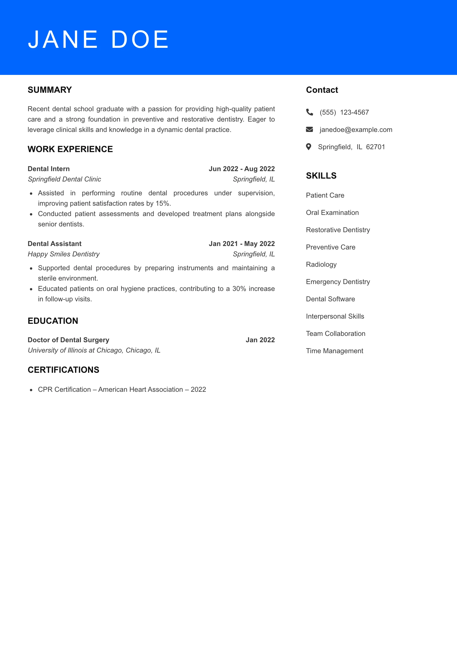 Selected Dentist Resume