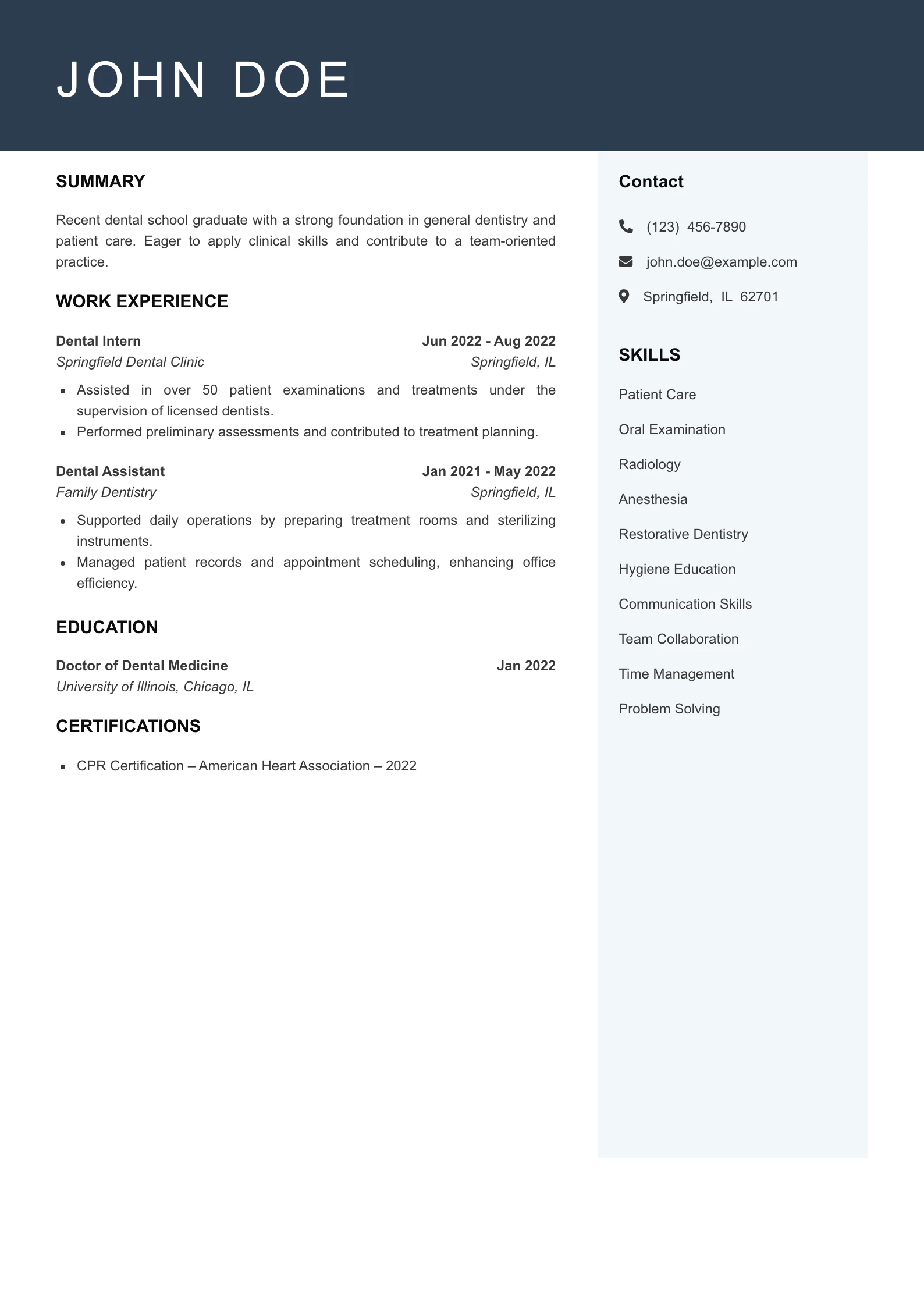 Entry Level Dentist Resume Example