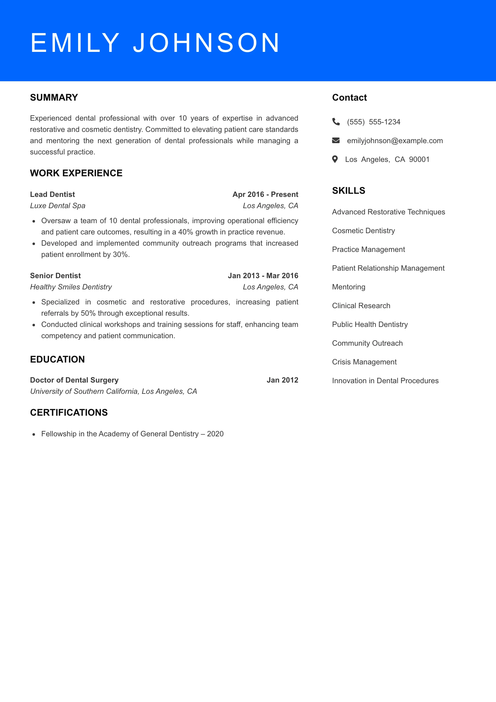 Senior Level Dentist Resume Sample