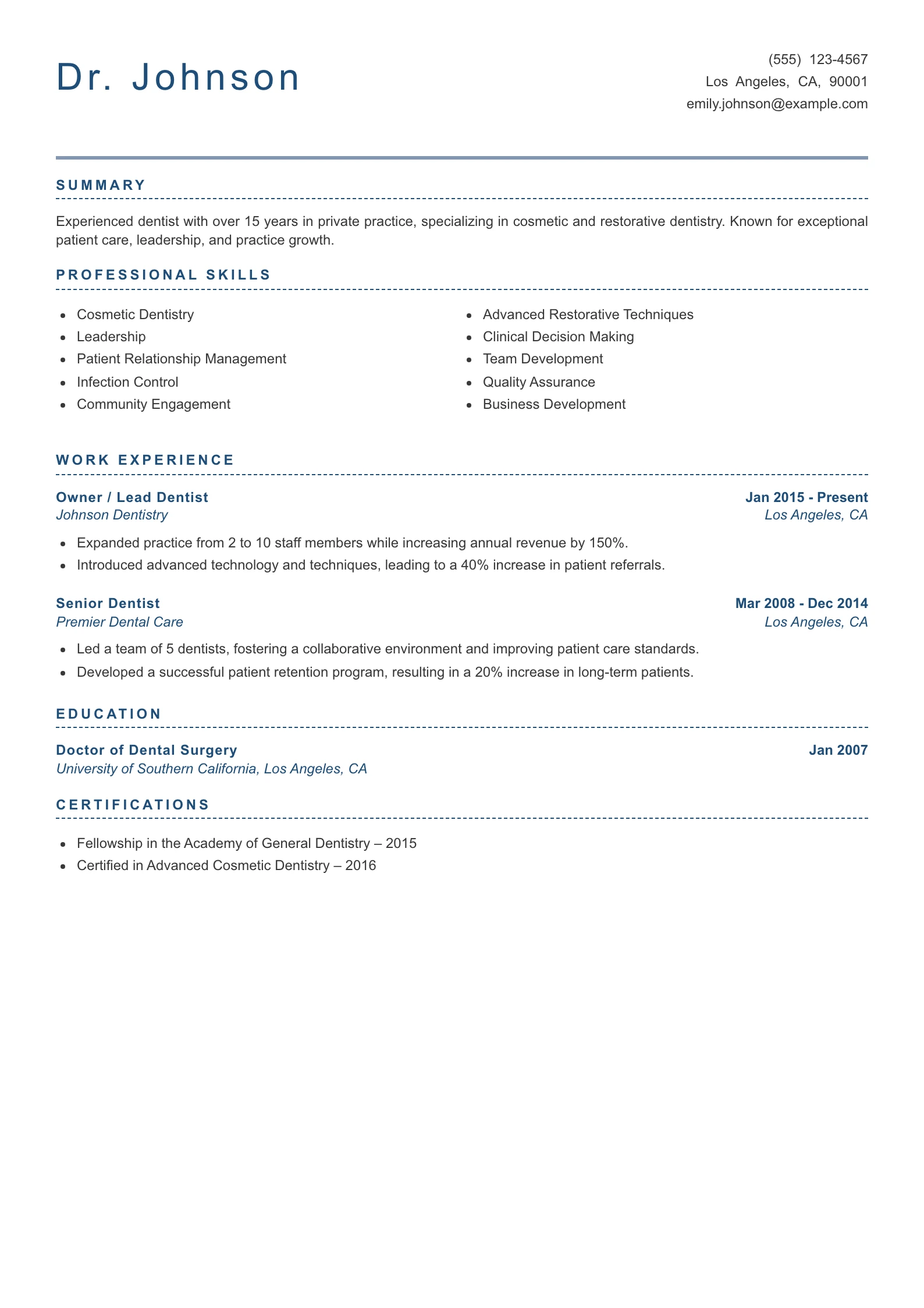 Senior Level Dentist Resume Example