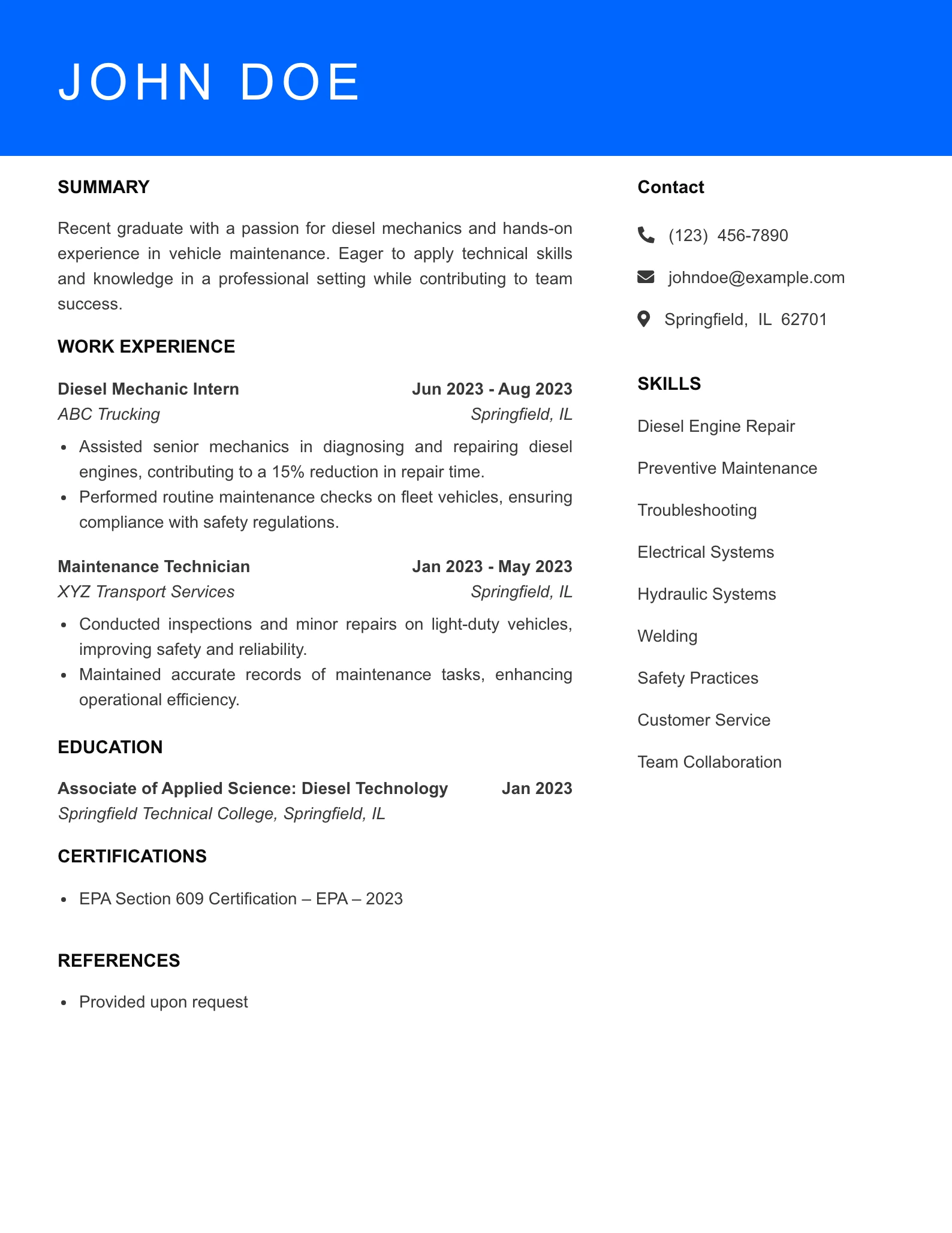 Selected Diesel Mechanic Resume