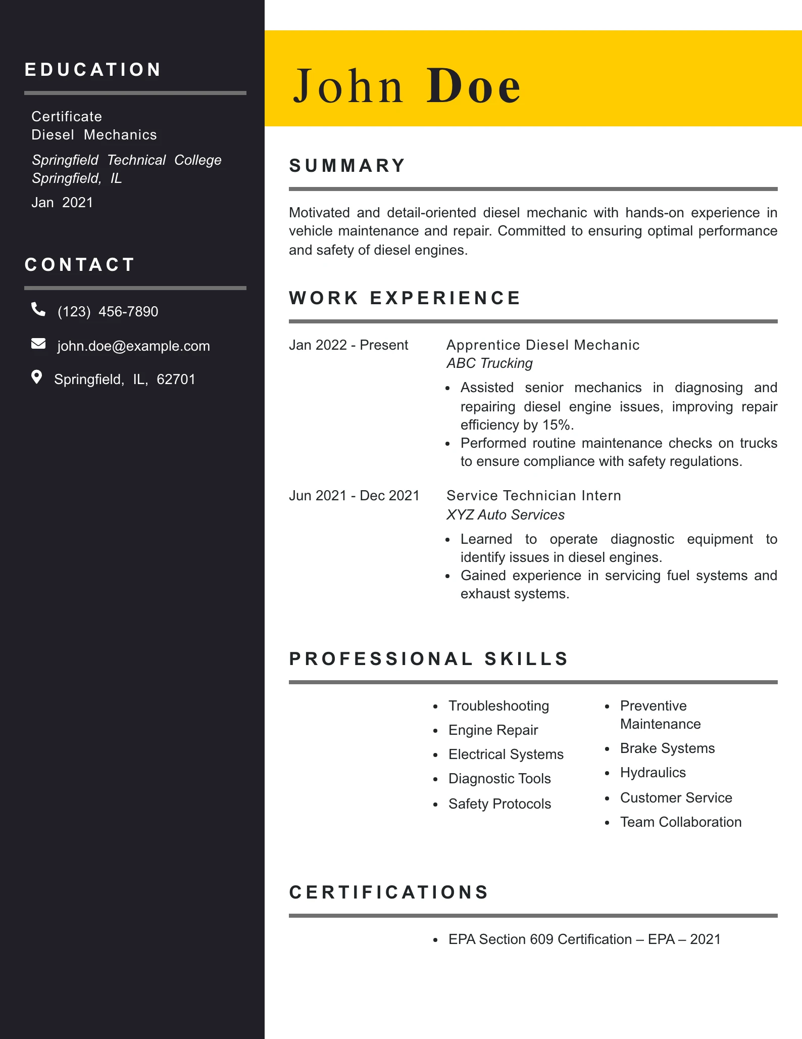 Entry Level Diesel Mechanic Resume Example