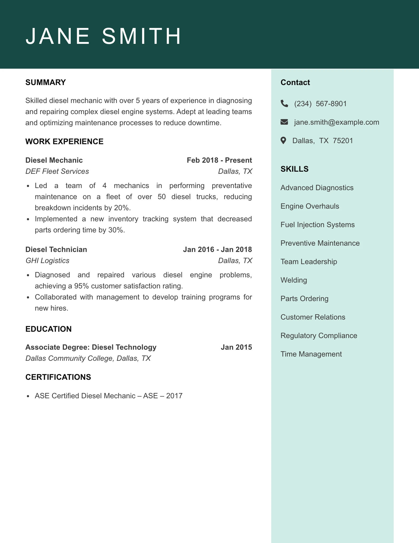 Mid Level Diesel Mechanic Resume Example