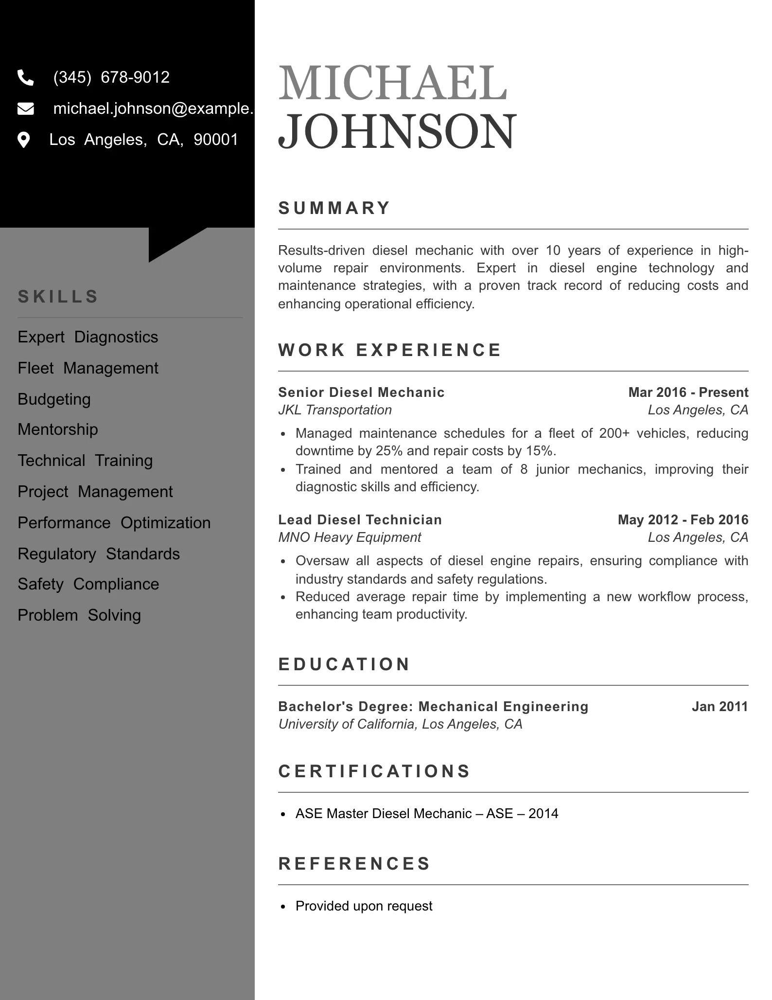 Senior Level Diesel Mechanic Resume Example