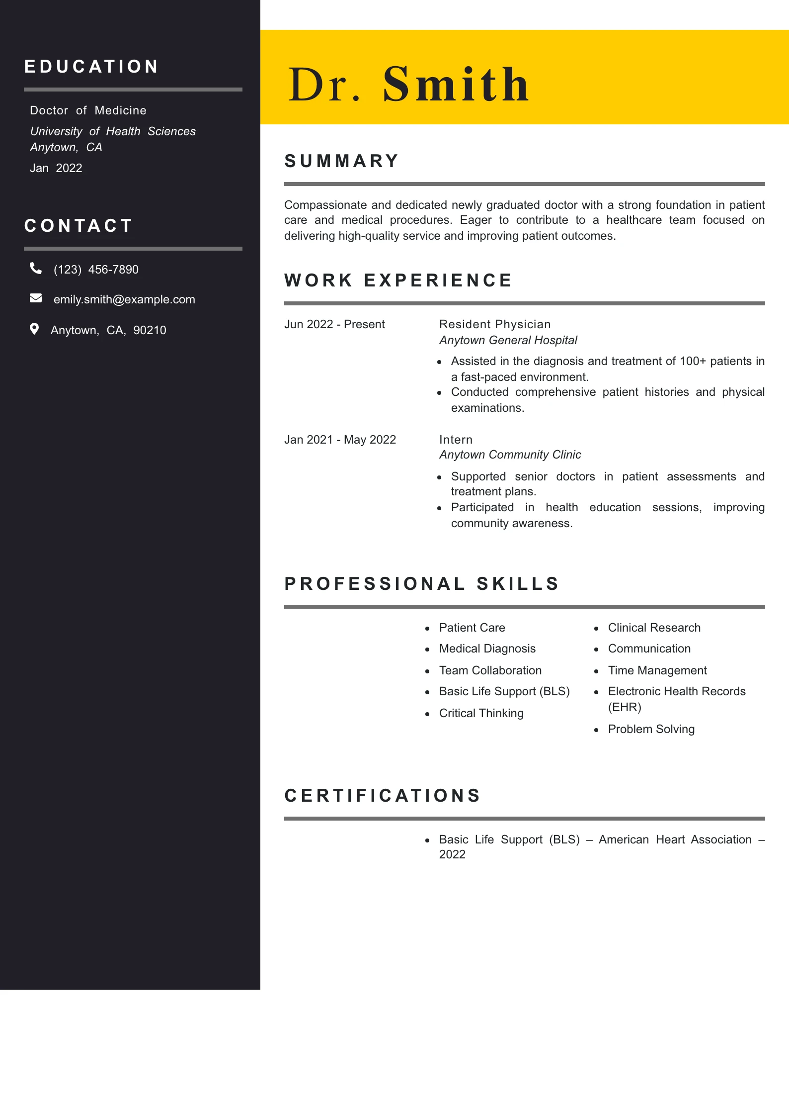 Entry Level Doctor Resume Example
