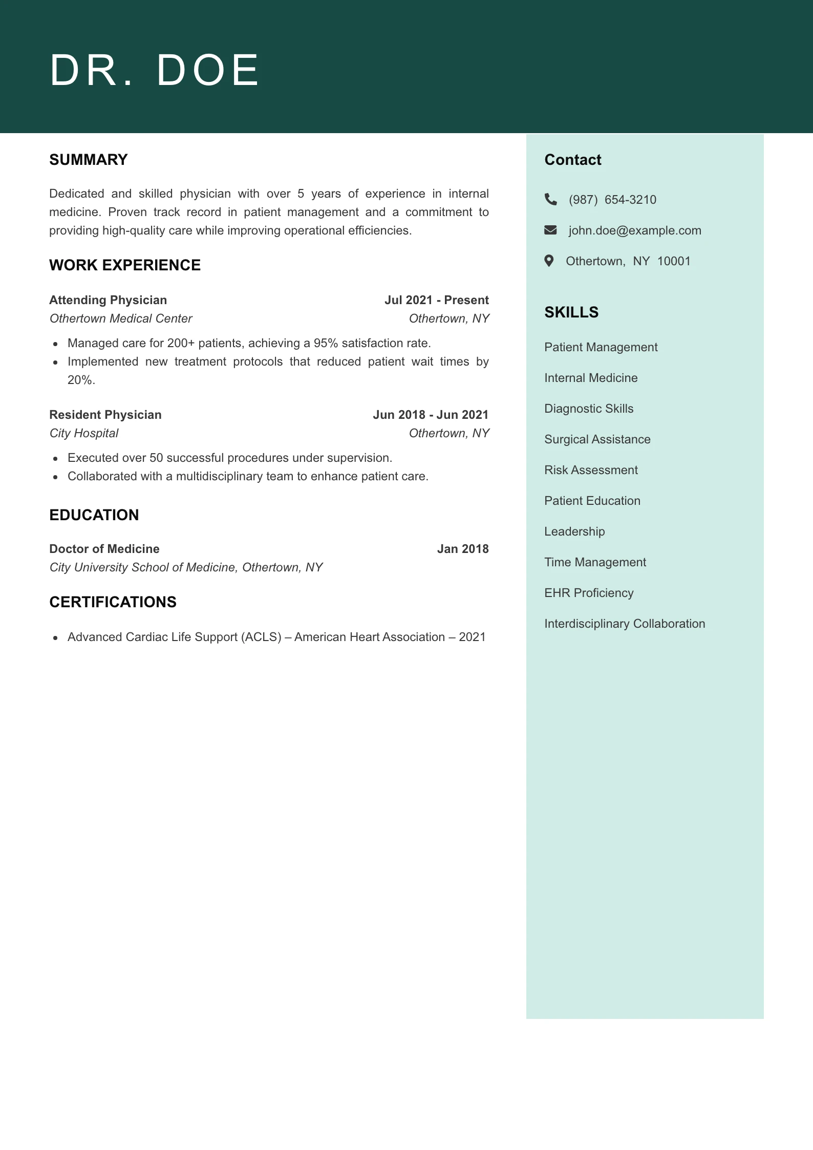 Mid Level Doctor Resume Example