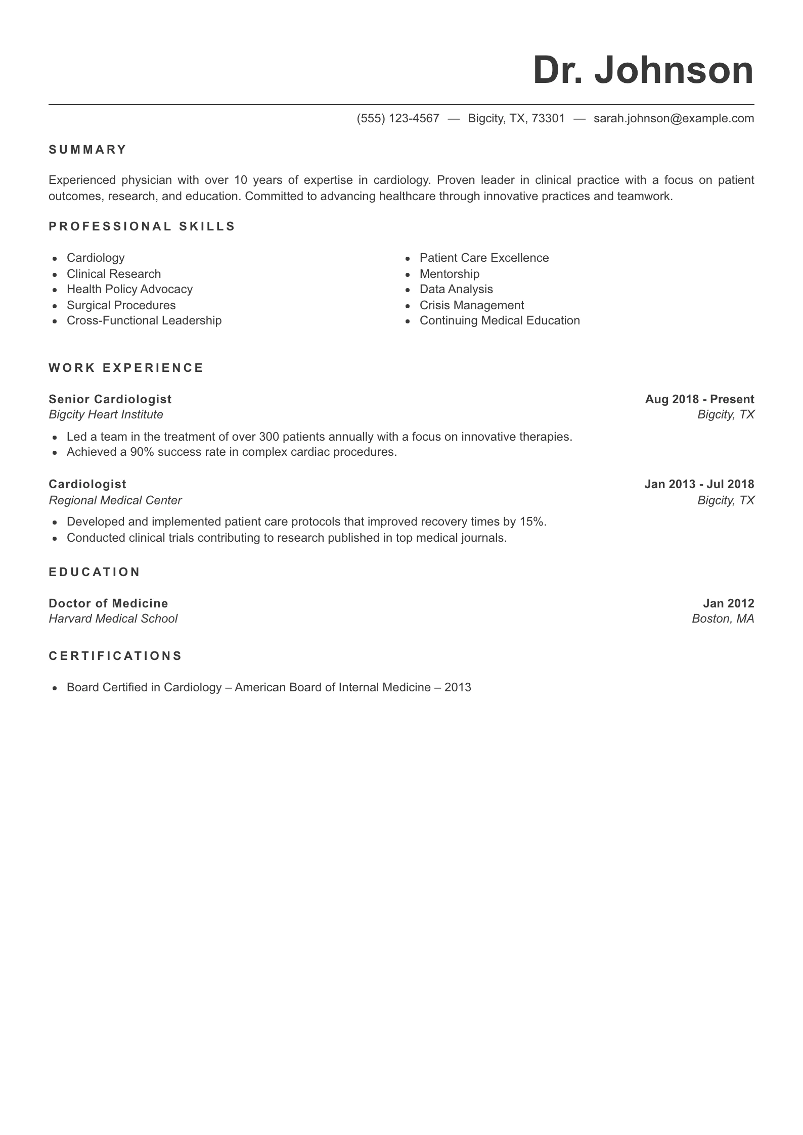 Senior Level Doctor Resume Example