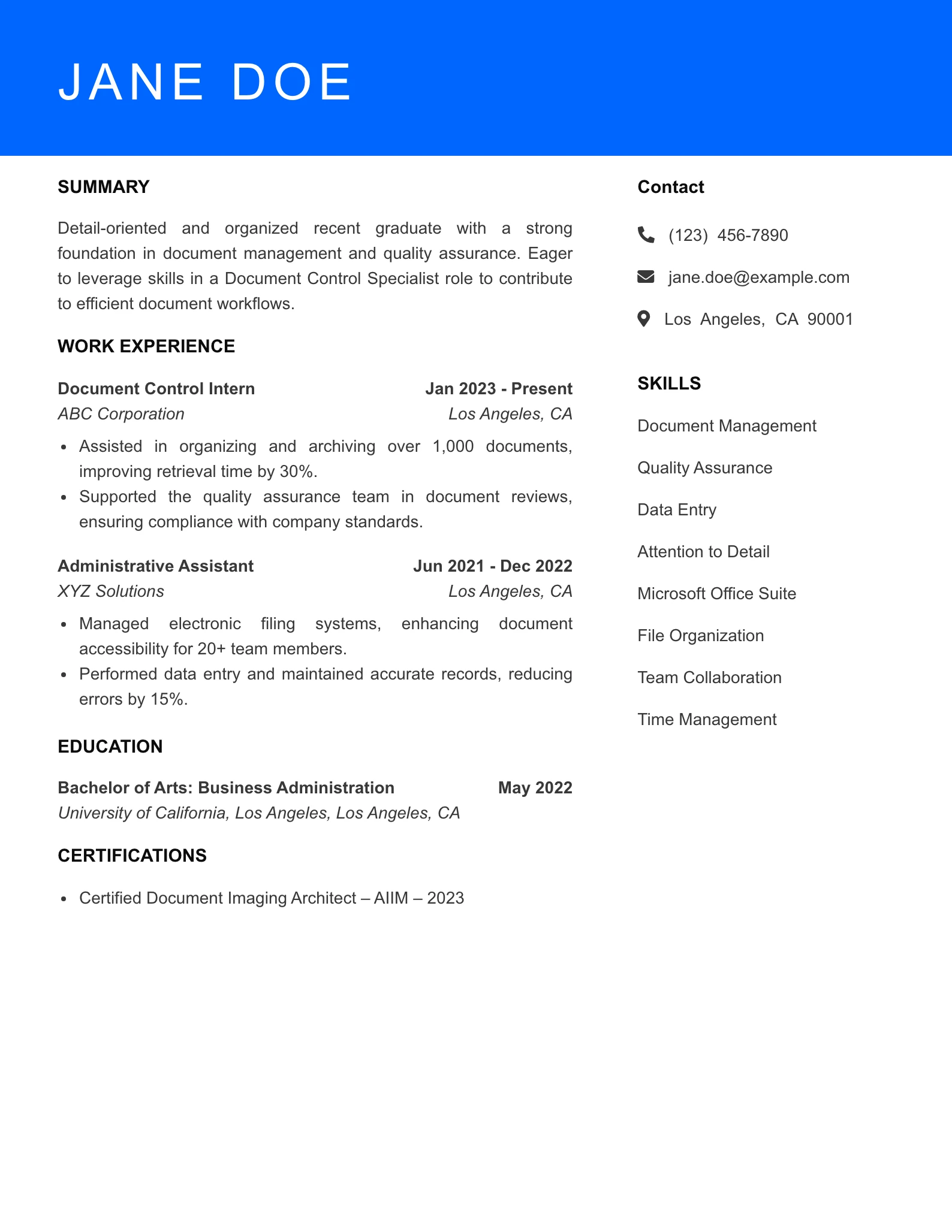 Selected Document Control Specialist Resume