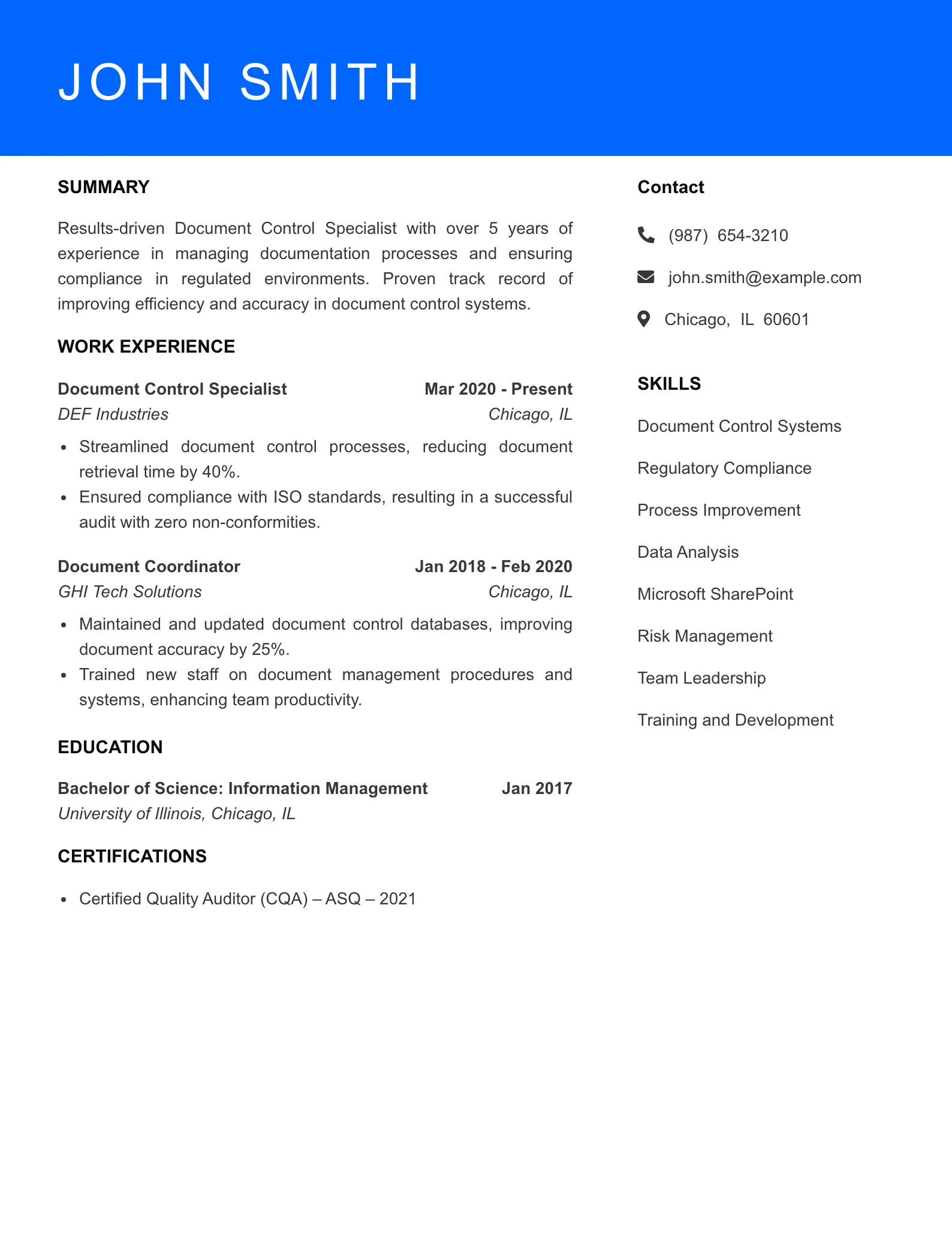 Mid Level Document Control Specialist Resume Sample