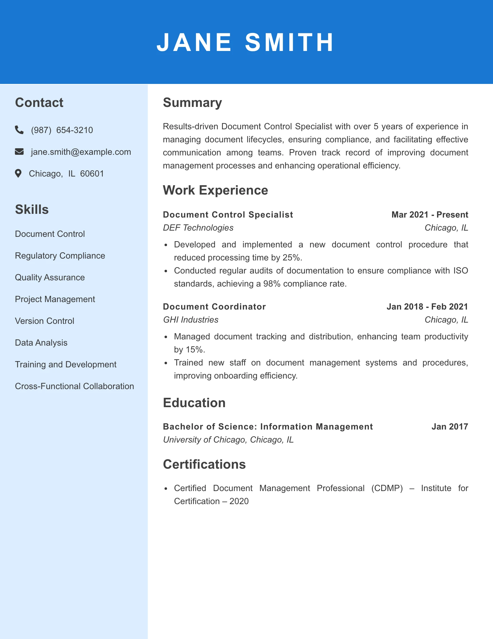 Mid Level Document Control Specialist Resume Example
