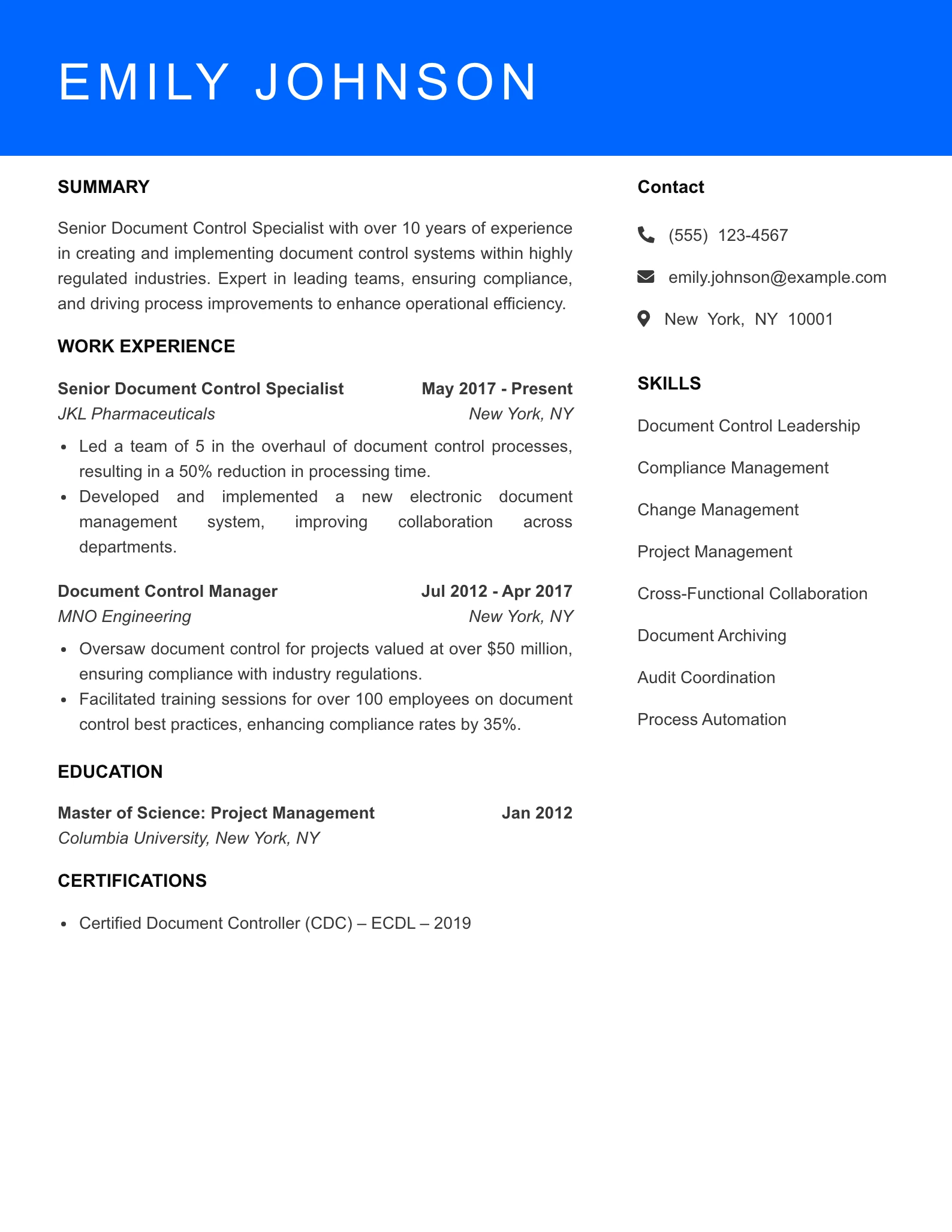 Senior Level Document Control Specialist Resume Sample