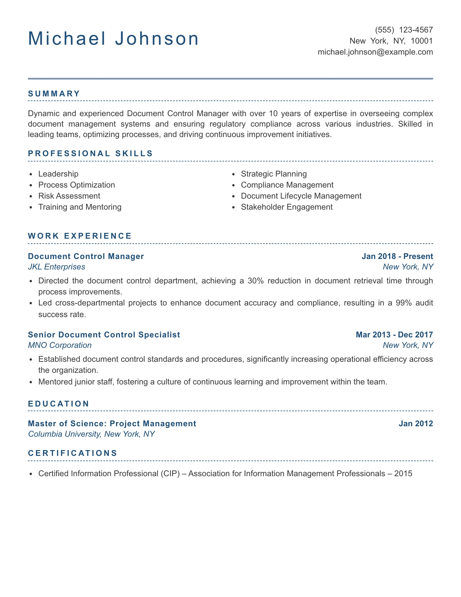 Senior Level Document Control Specialist Resume Example