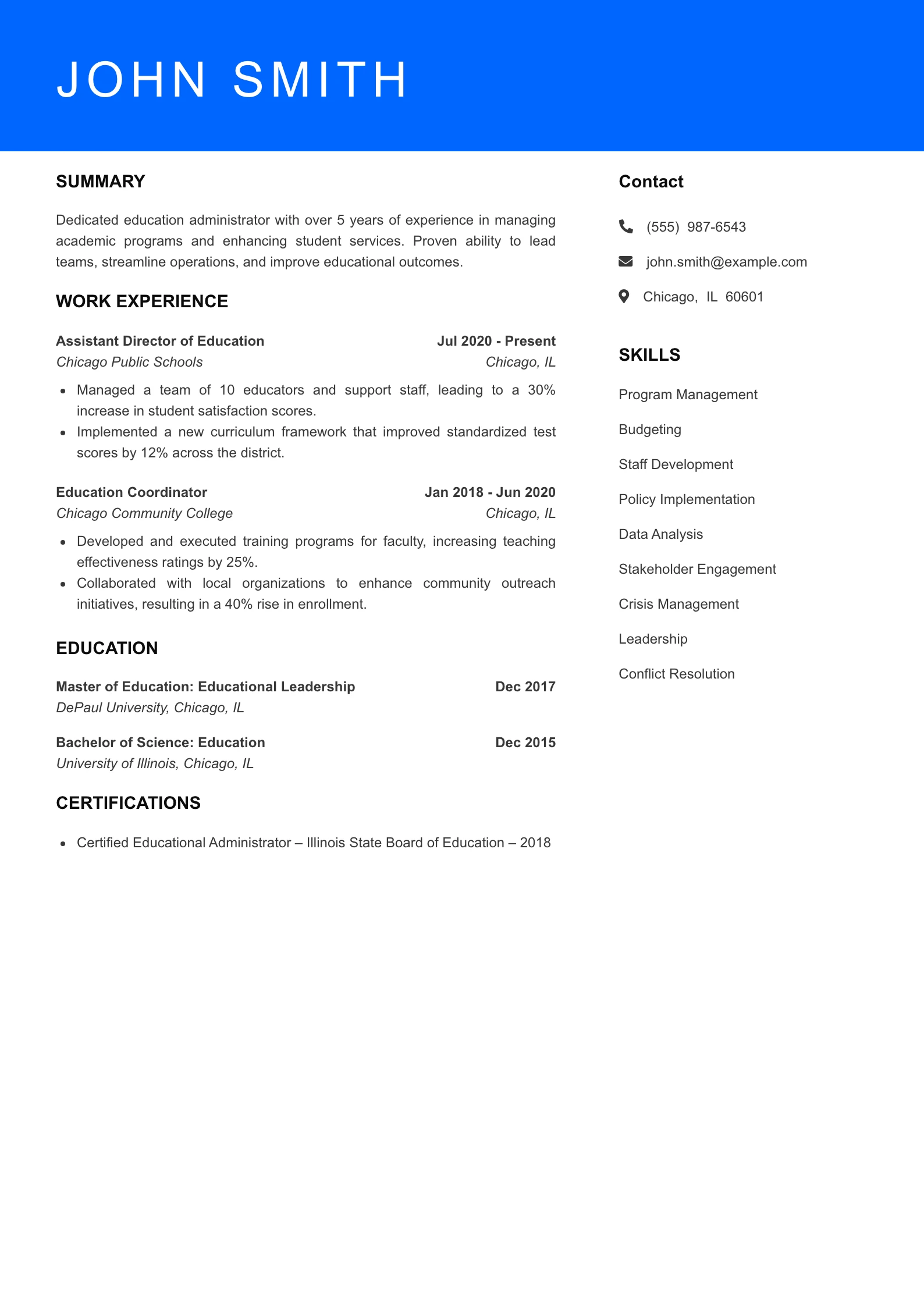 Mid Level Education Administrator Resume Sample