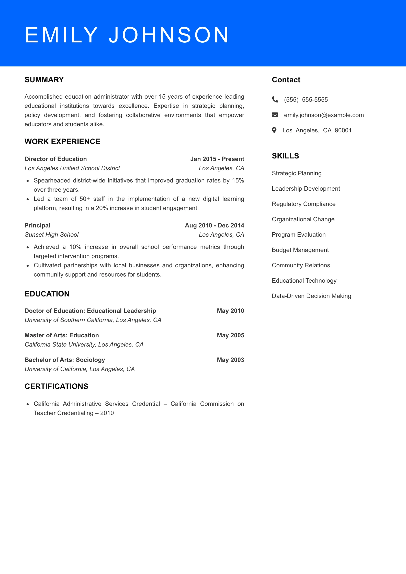 Senior Level Education Administrator Resume Sample