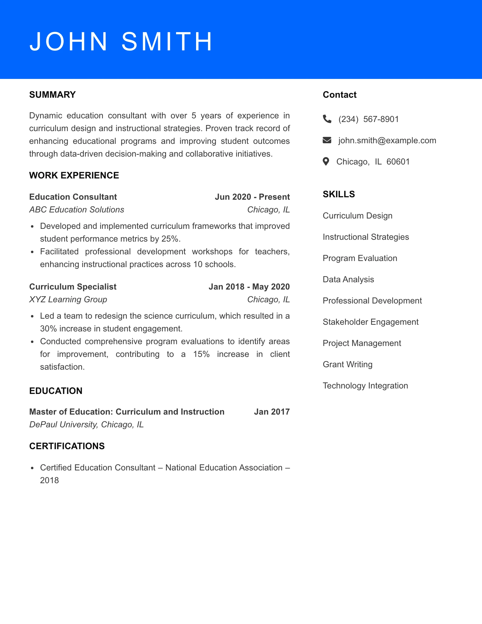 Mid Level Education Consultant Resume Sample