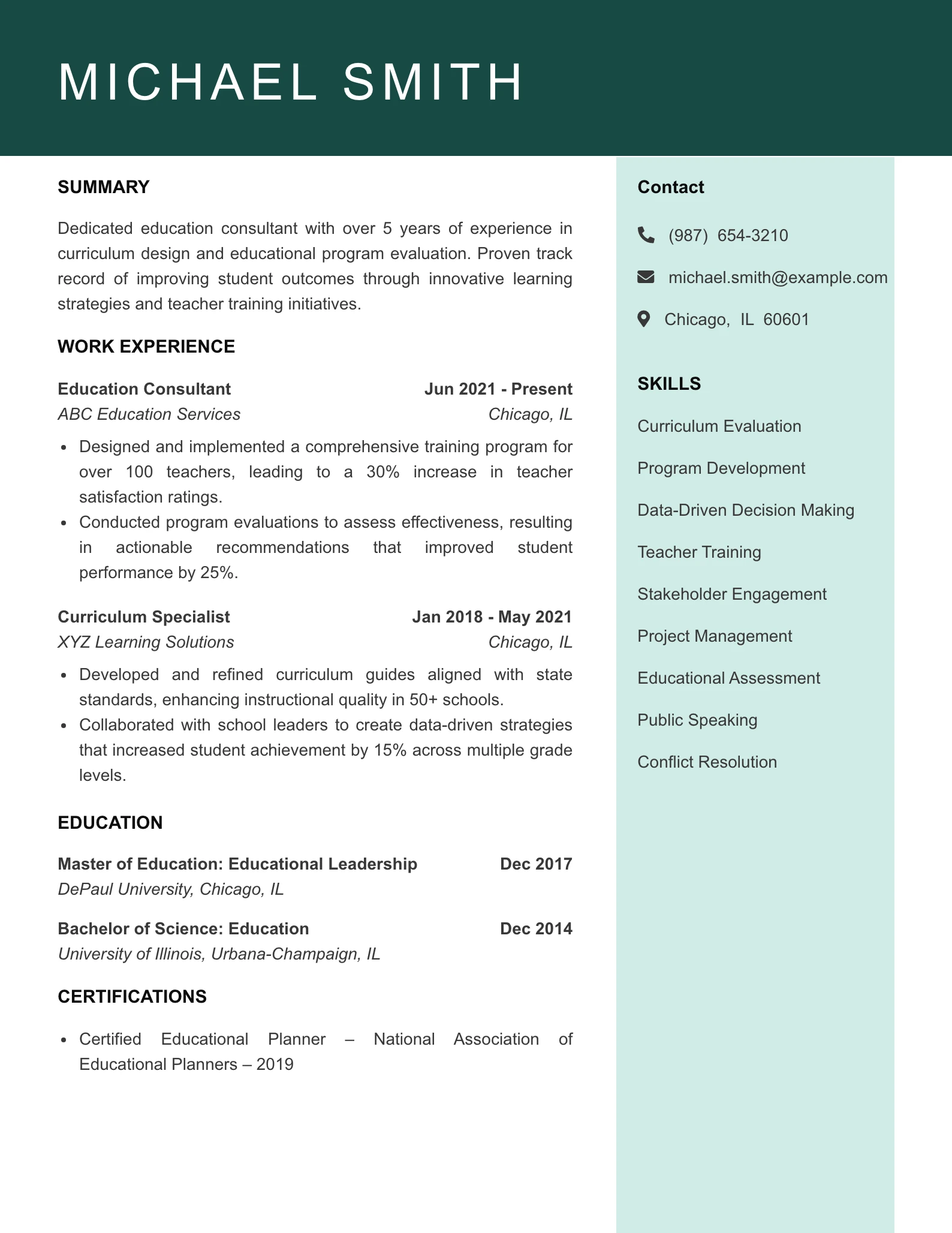 Mid Level Education Consultant Resume Example