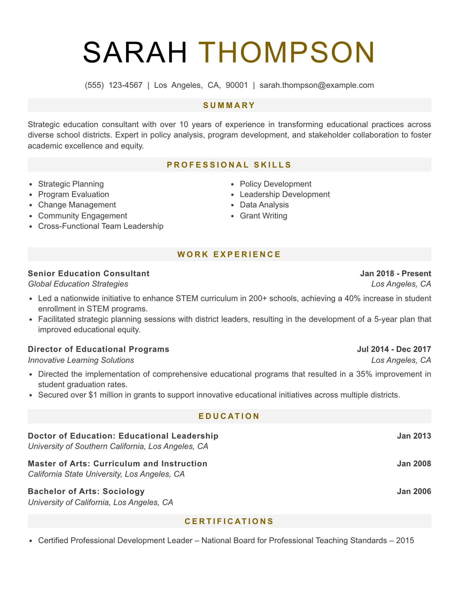 Senior Level Education Consultant Resume Example