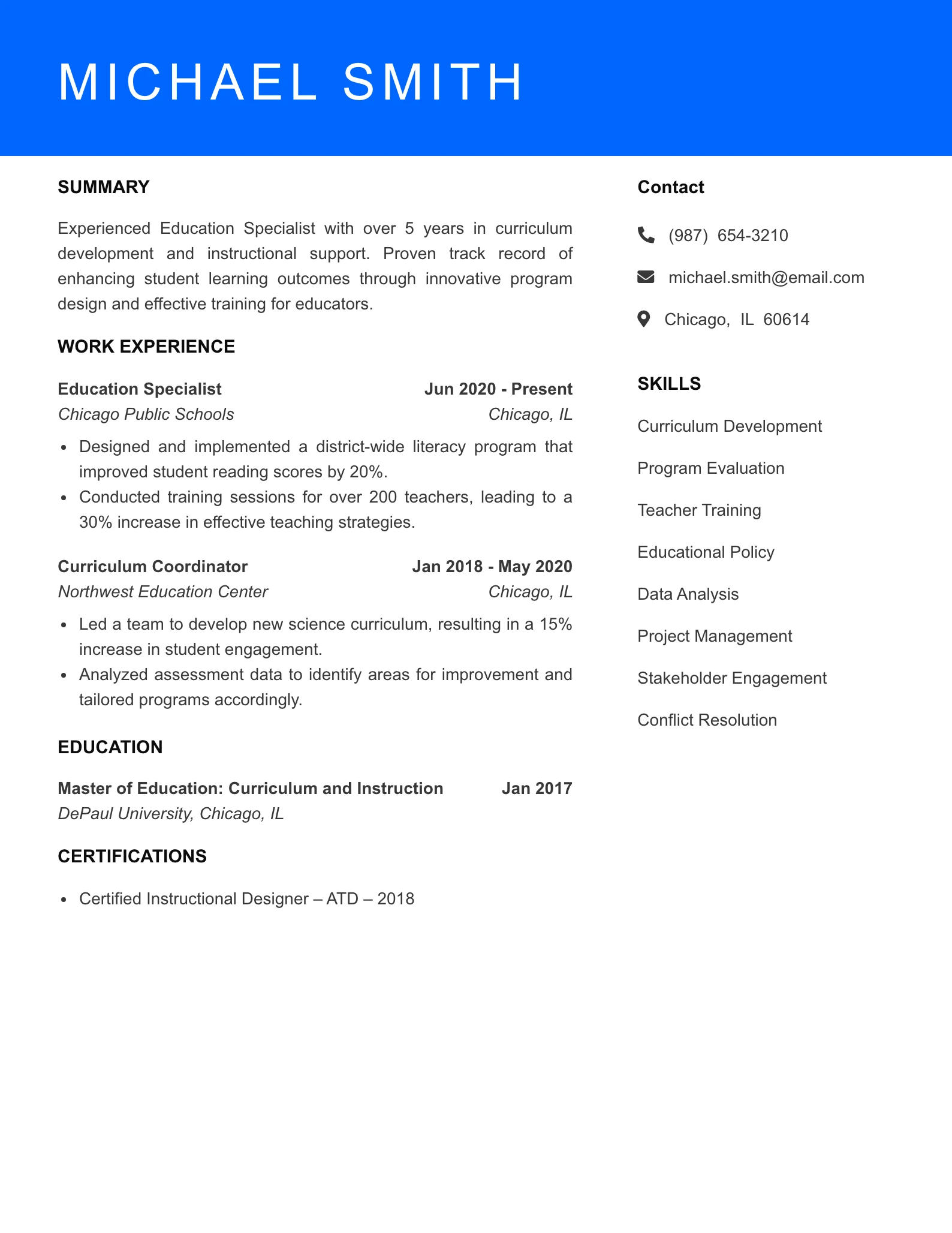 Mid Level Education Specialist Resume Sample