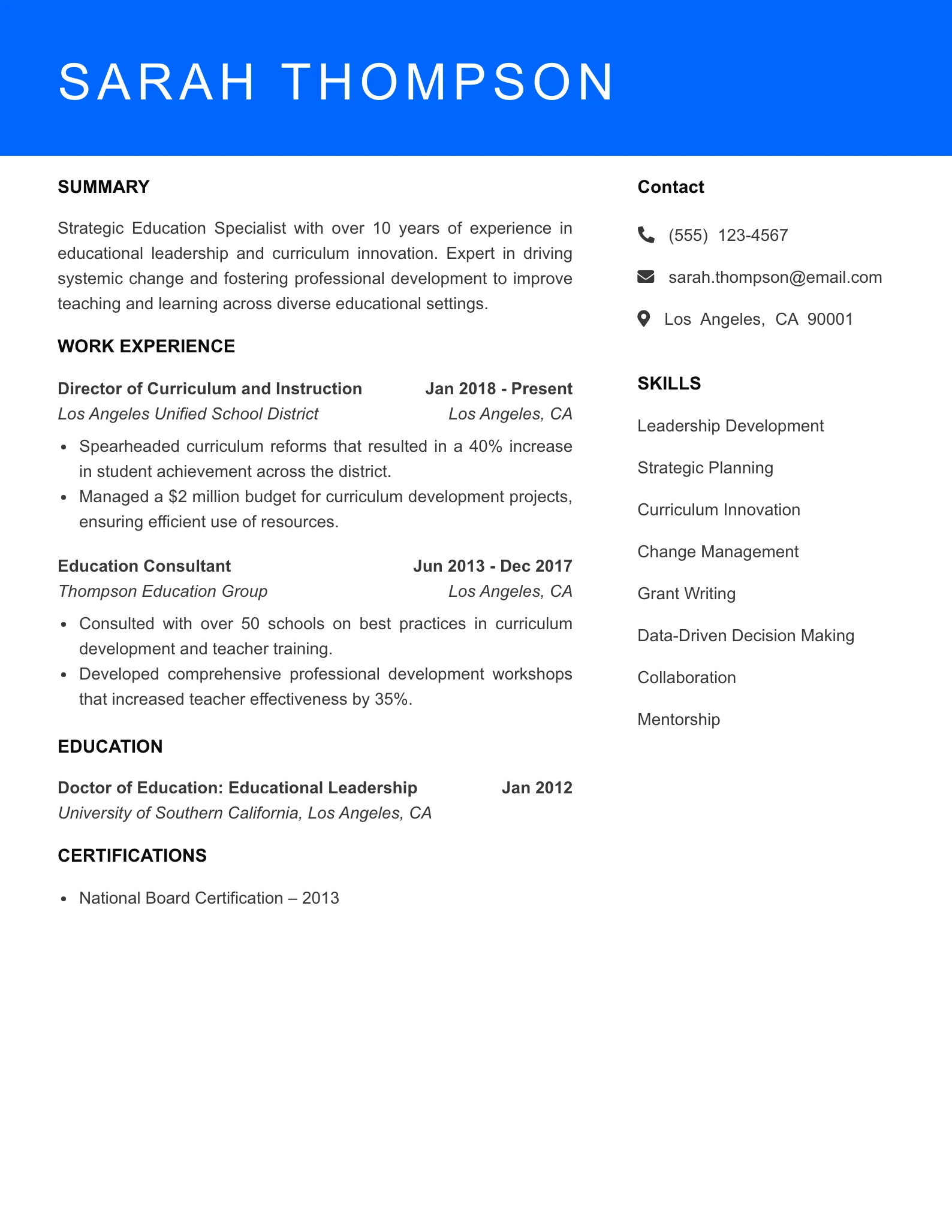 Senior Level Education Specialist Resume Sample